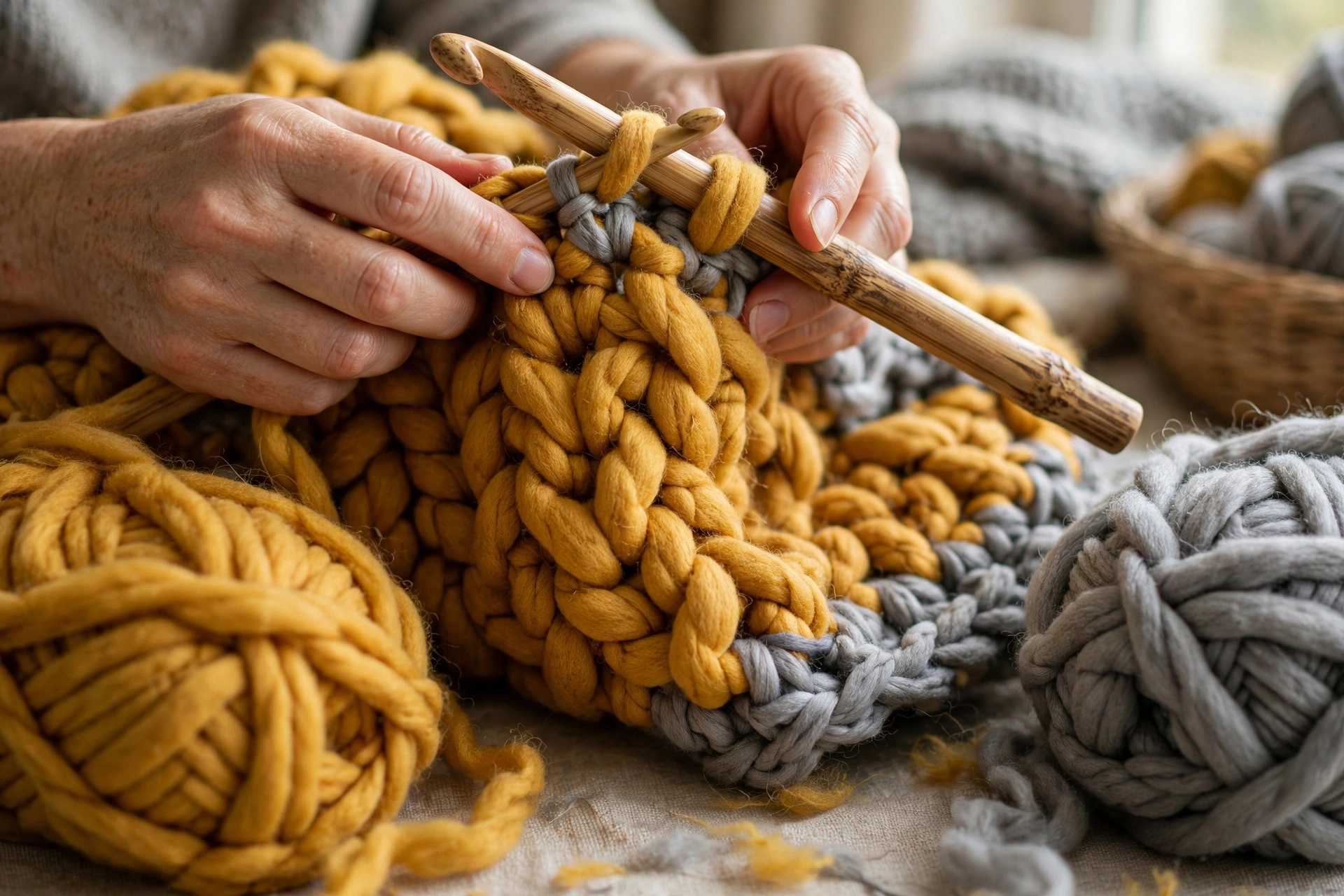 Hands crocheting a thick chunky blanket with oversized crochet hook and super bulky yarn