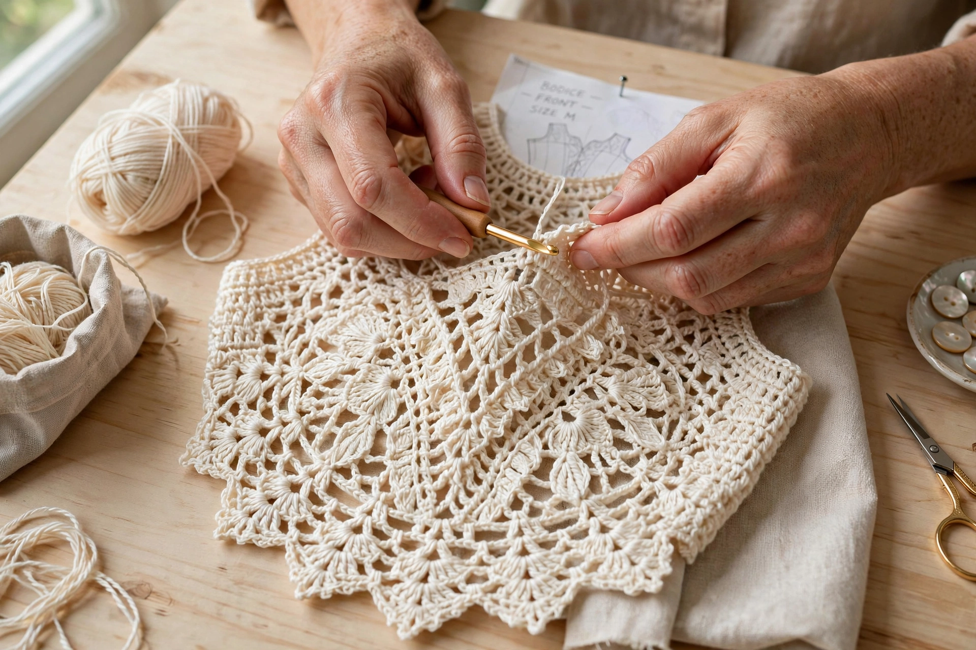 Hands crocheting an ivory lace crochet dress bodice with cotton yarn and a crochet hook on a light wooden craft table