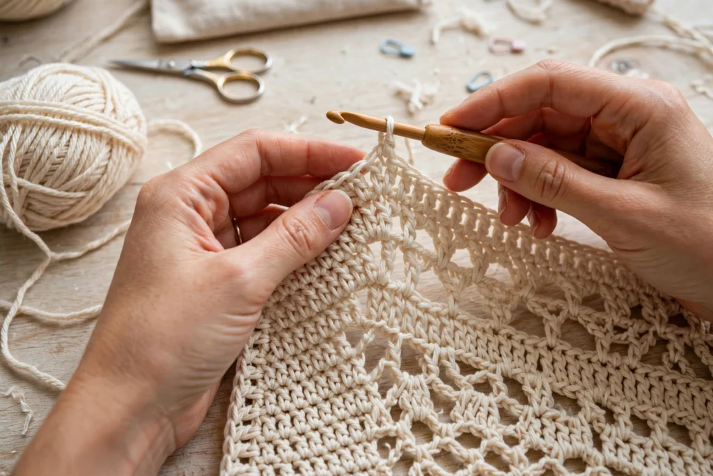 Hands crocheting a midi dress panel with cotton yarn and a crochet hook on a light wooden craft table
