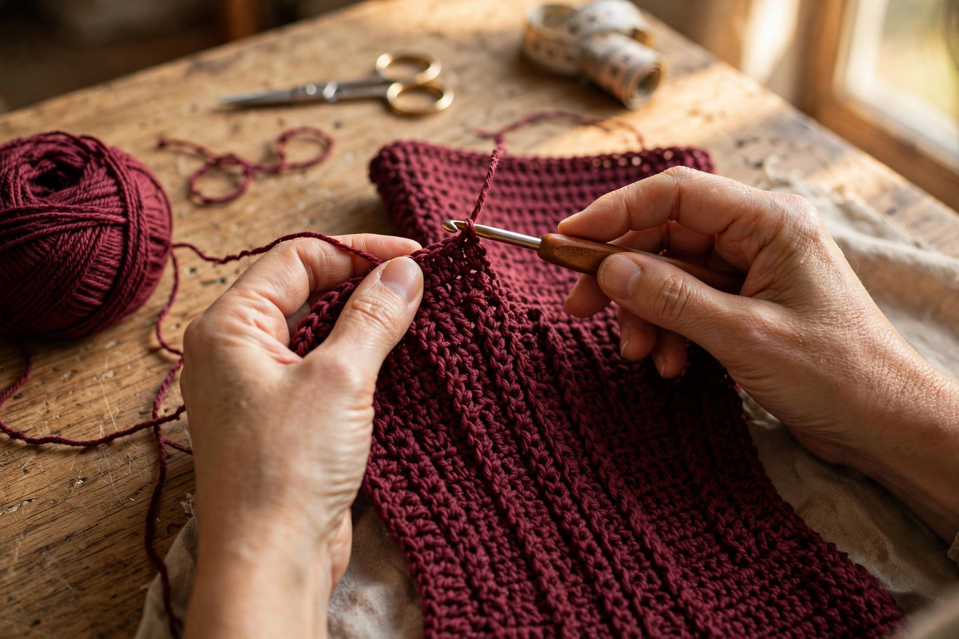 Hands crocheting a burgundy bodycon dress panel with yarn and a crochet hook on a wooden craft table