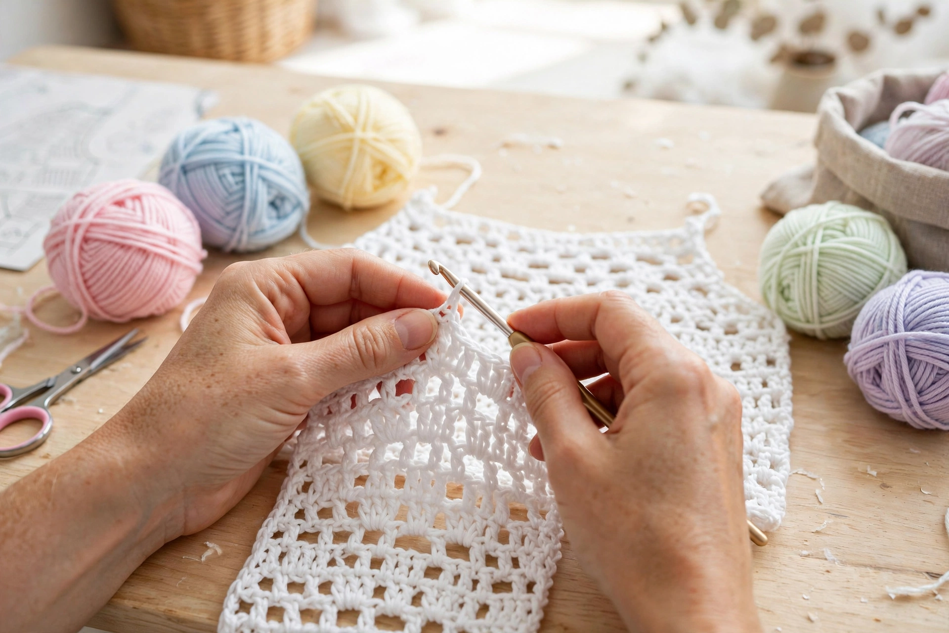 Hands crocheting a simple white summer top panel with cotton yarn and a crochet hook on a light wooden craft table