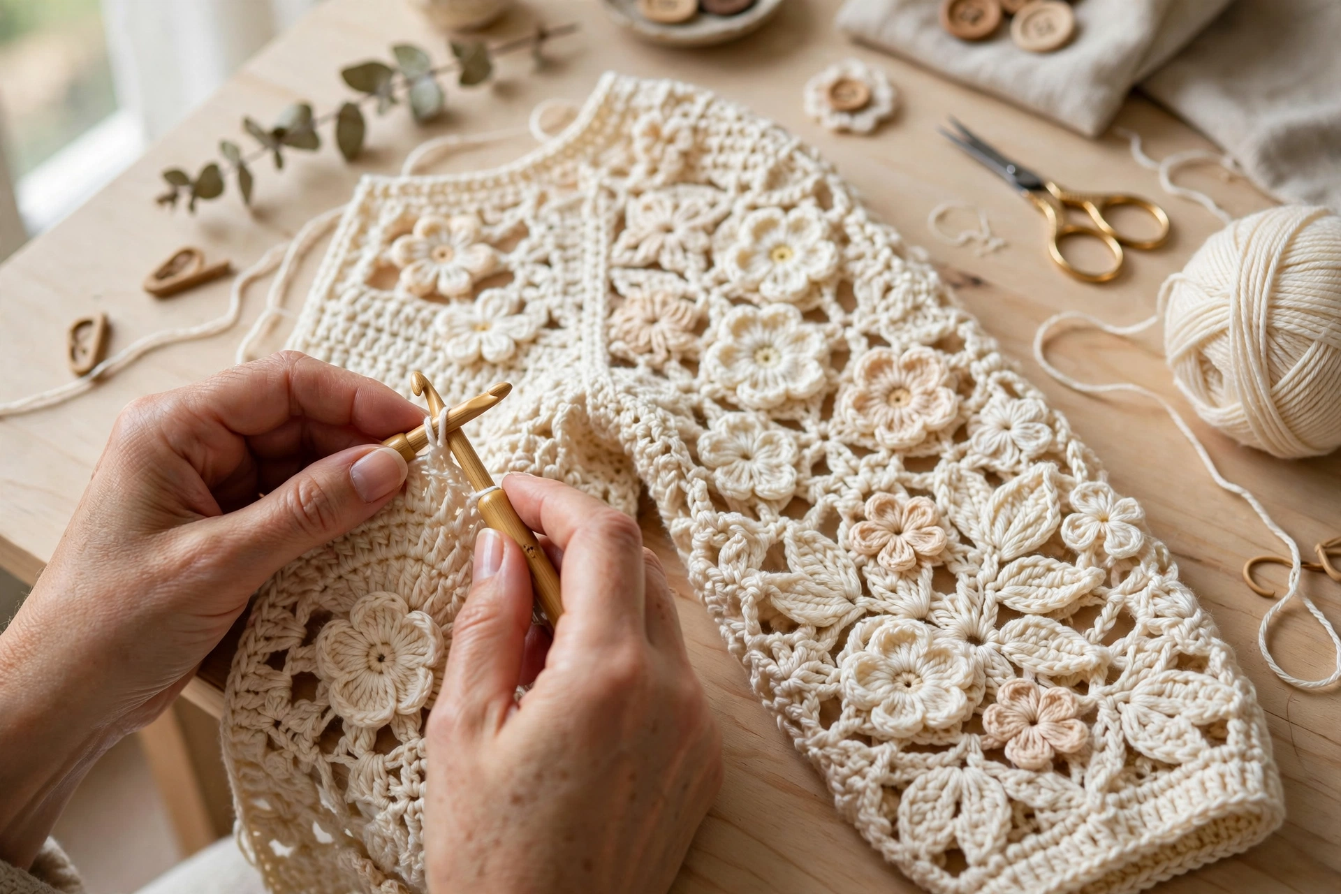 Hands crocheting a flowery long sleeve top panel with cream cotton yarn and floral motifs on a light wooden craft table