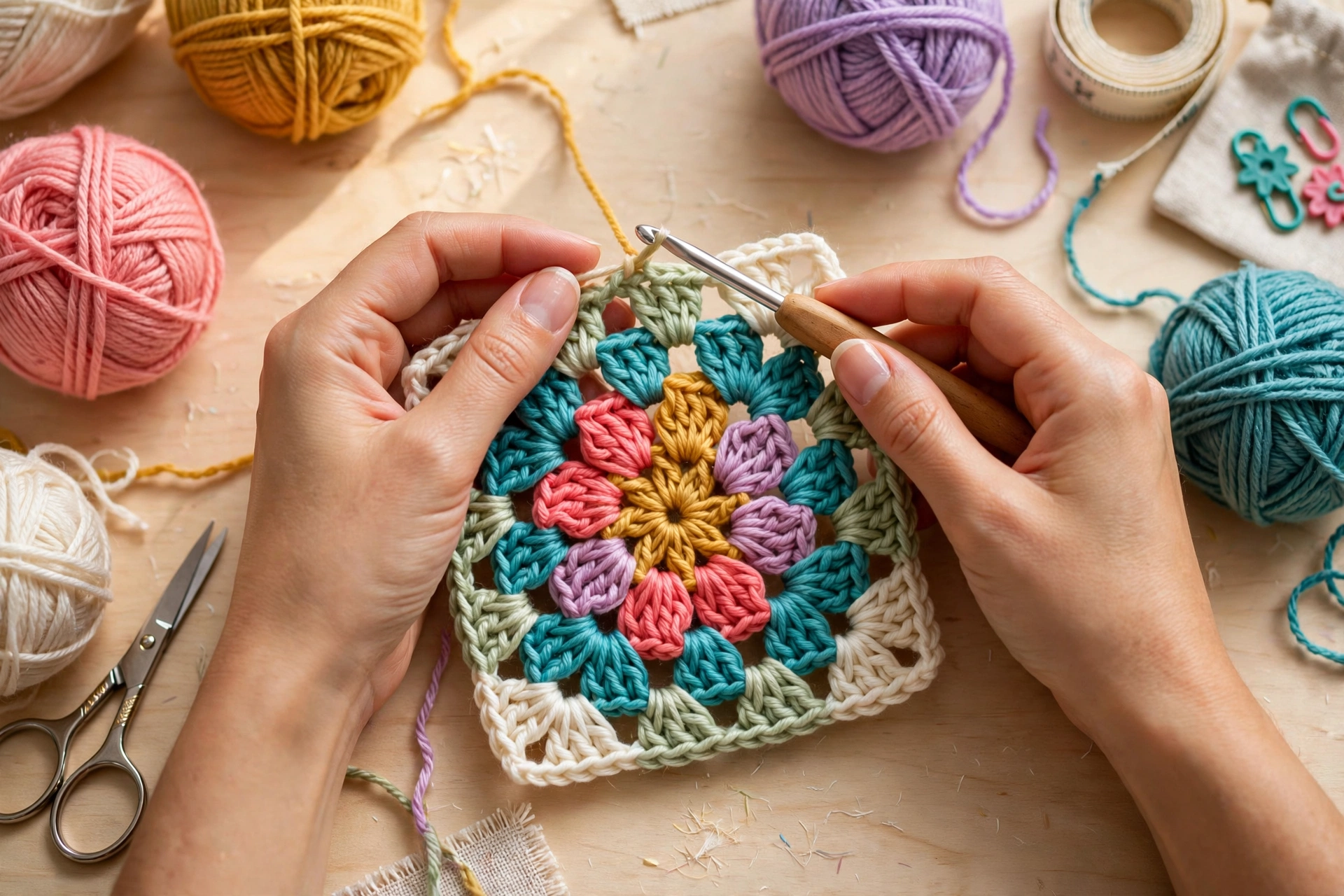 Hands crocheting a colourful flower motif square for a blanket with cotton yarn and a crochet hook on a light wooden craft table