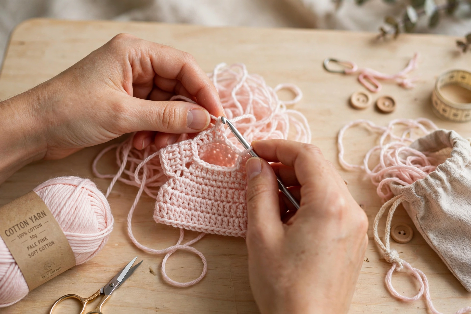 Hands crocheting a baby doll dress bodice with soft cotton yarn and a crochet hook on a light wooden craft table