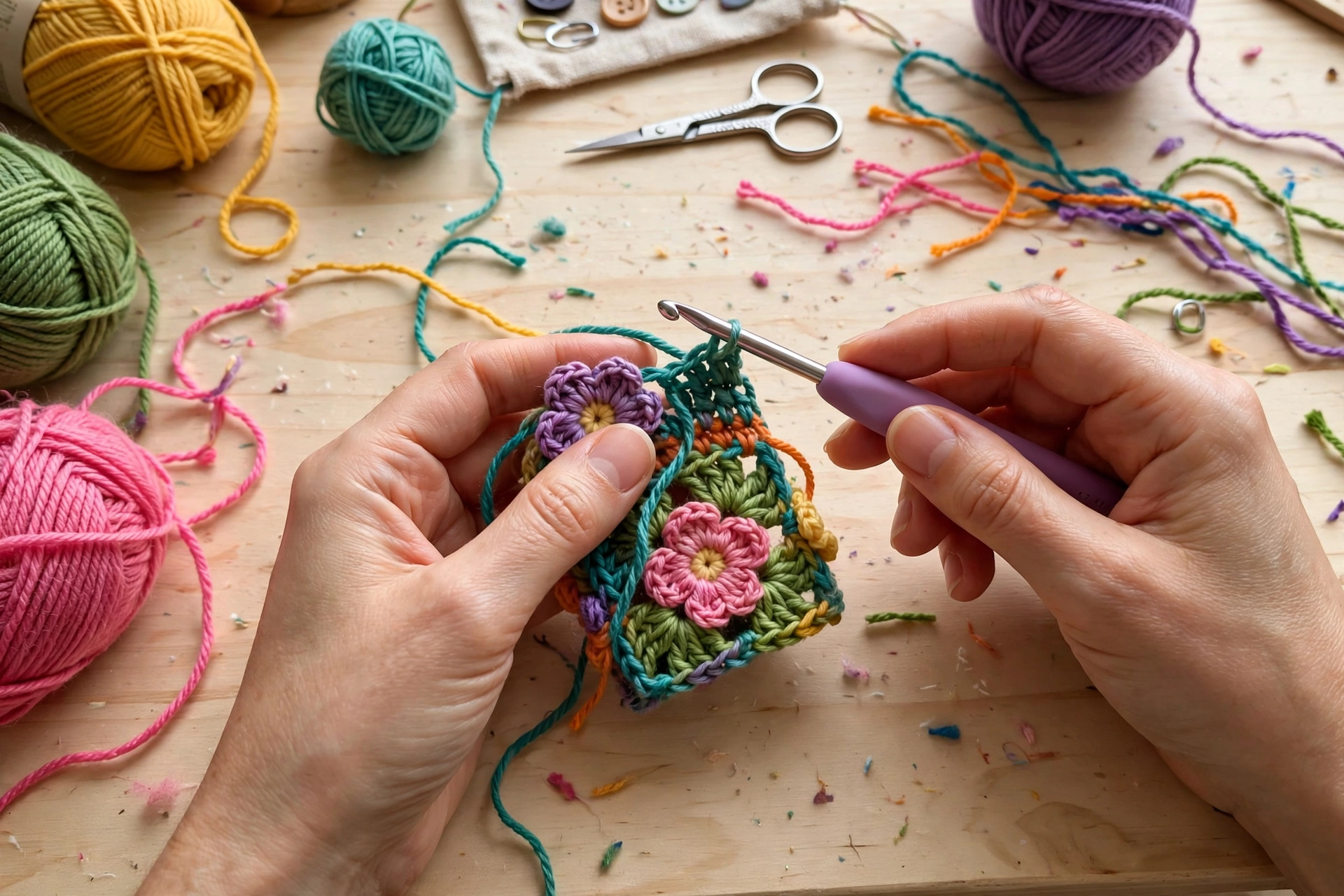 Hands crocheting a small floral wrist cuff with colorful yarn and a crochet hook on a light wooden craft table