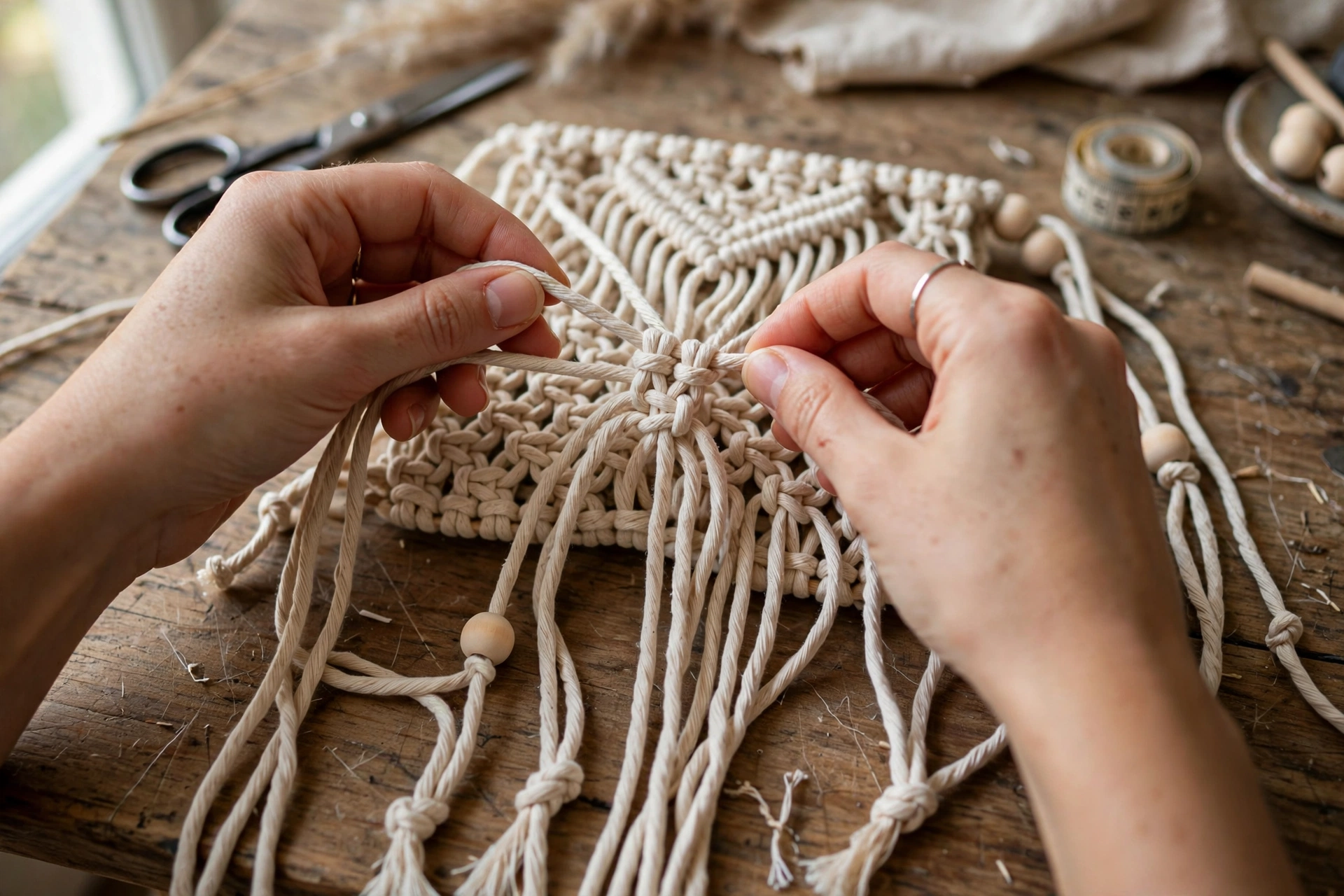 Hands knotting a modern macrame handbag with natural cotton cord on a wooden table