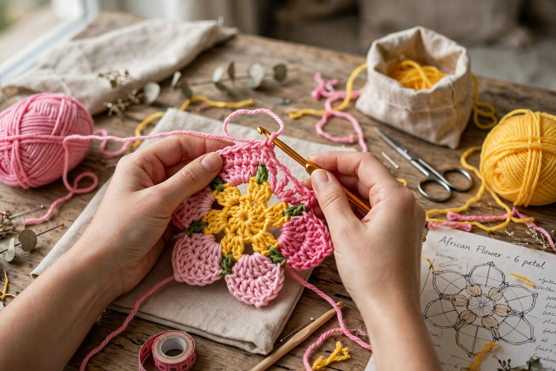 Hands crocheting a colorful African flower motif with pink and yellow cotton yarn and a crochet hook on a craft table