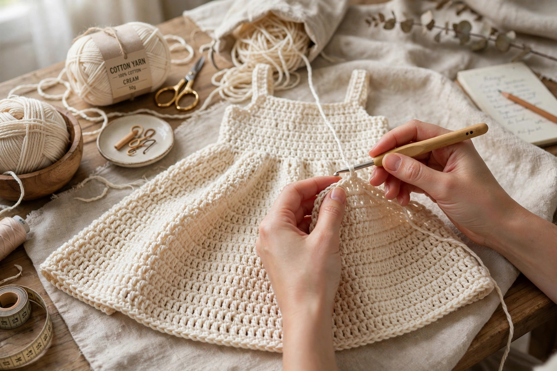 Hands crocheting a minimalist dress with cream cotton yarn and a crochet hook on a simple craft table