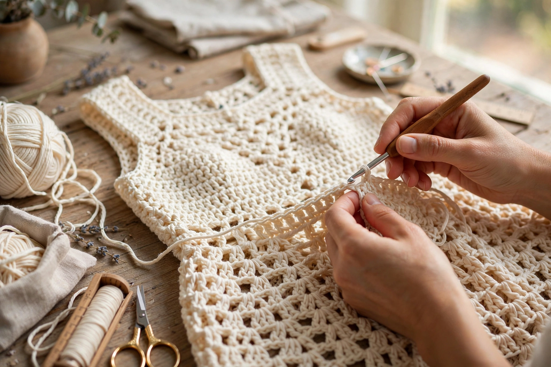 Hands crocheting a sleeveless crochet dress with cream cotton yarn and a crochet hook on a wooden craft table