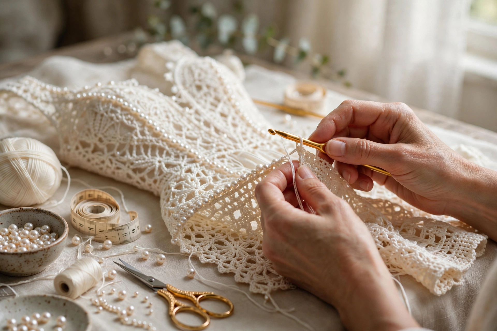 Hands crocheting a luxury ivory dress with fine yarn, a gold crochet hook and pearl beads on an elegant craft table