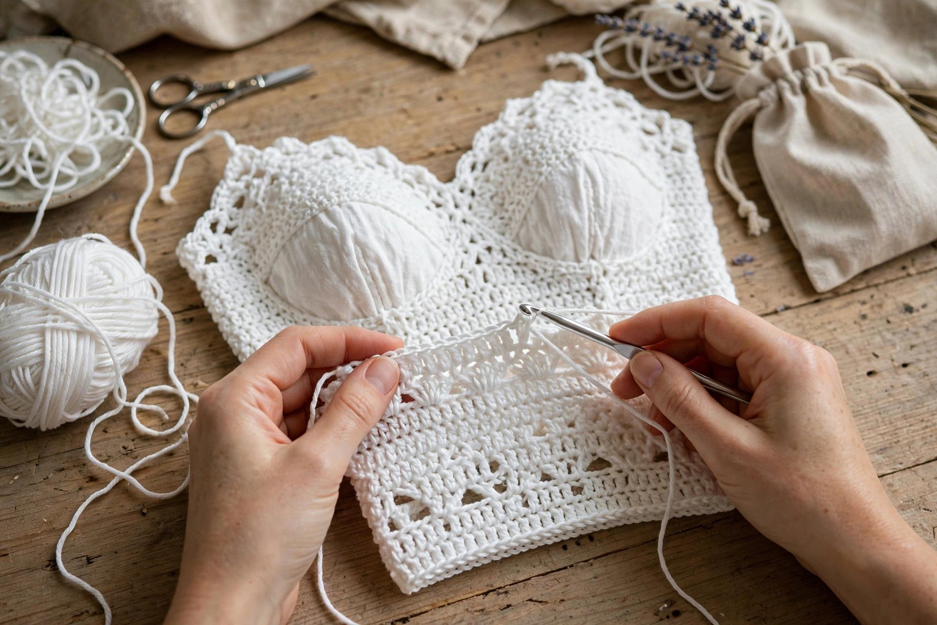 Hands crocheting a white milkmaid dress bodice with soft cotton yarn and a silver crochet hook on a wooden craft table