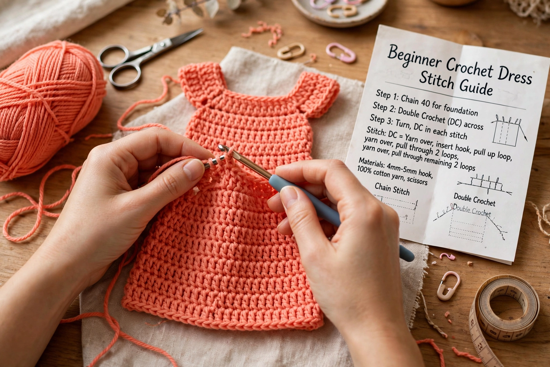 Hands crocheting a simple beginner crochet dress with coral yarn and a crochet hook on a wooden craft table