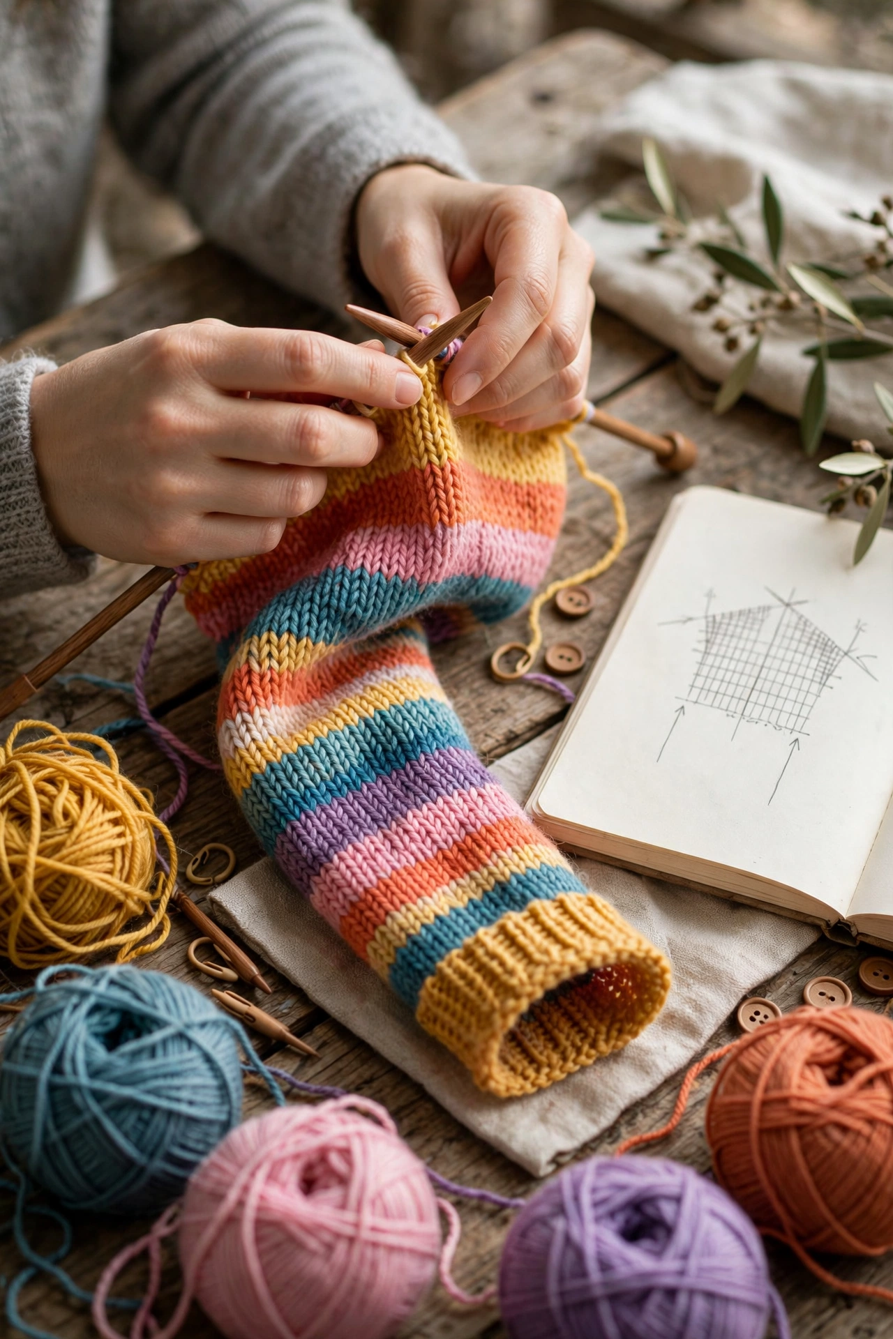 Hands knitting a colorful striped sweater sleeve with wooden knitting needles and yarn balls