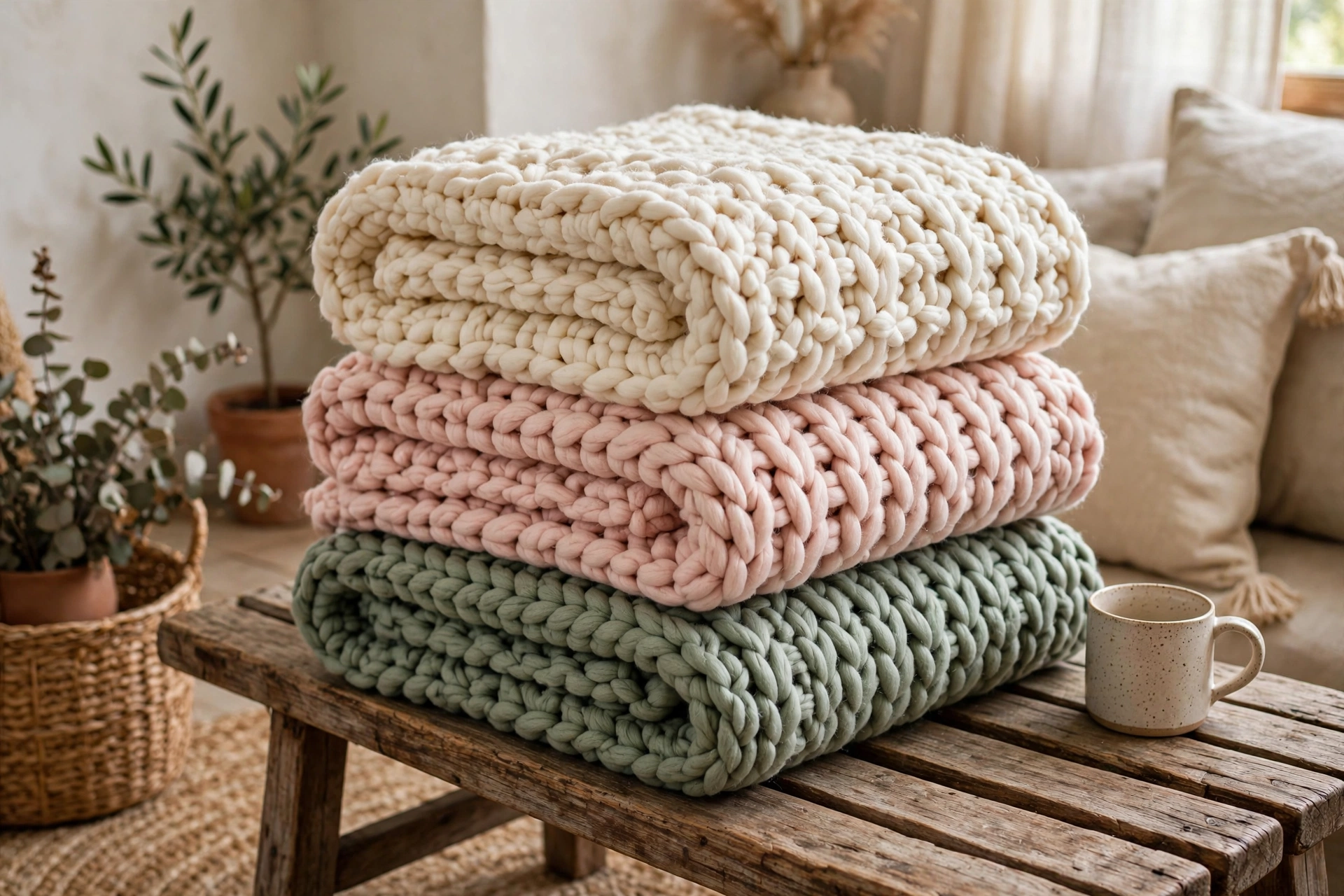 Stack of folded chunky crochet blankets in blush pink, sage green and cream on a wooden bench