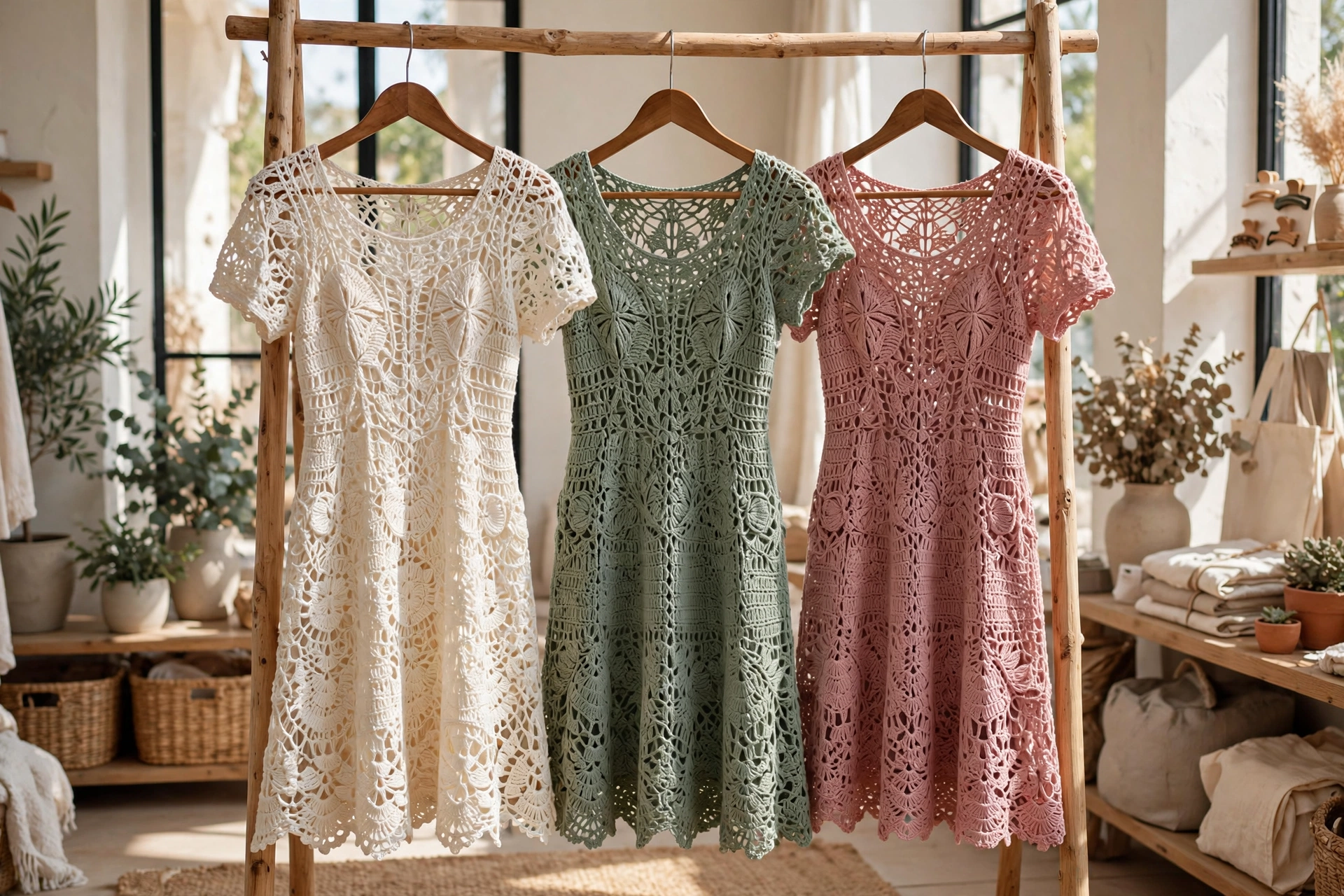 Three beautiful crochet dresses in ivory, sage green and dusty rose hanging in a bright sunlit boutique