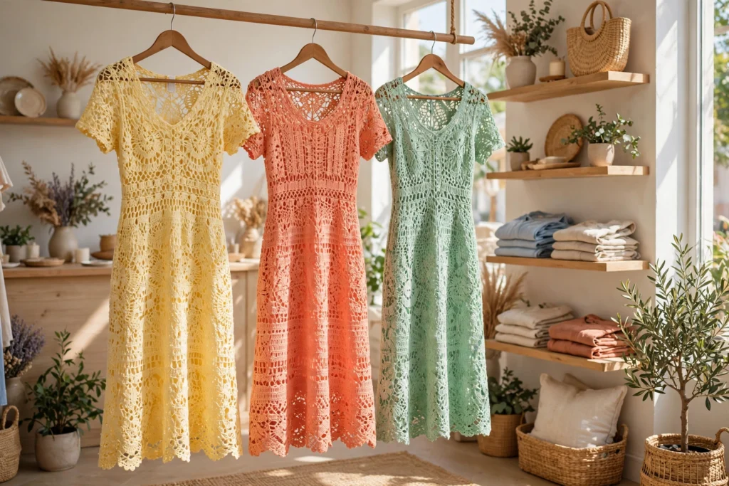 Three crochet midi dresses in summer colours hanging in a bright sunlit boutique