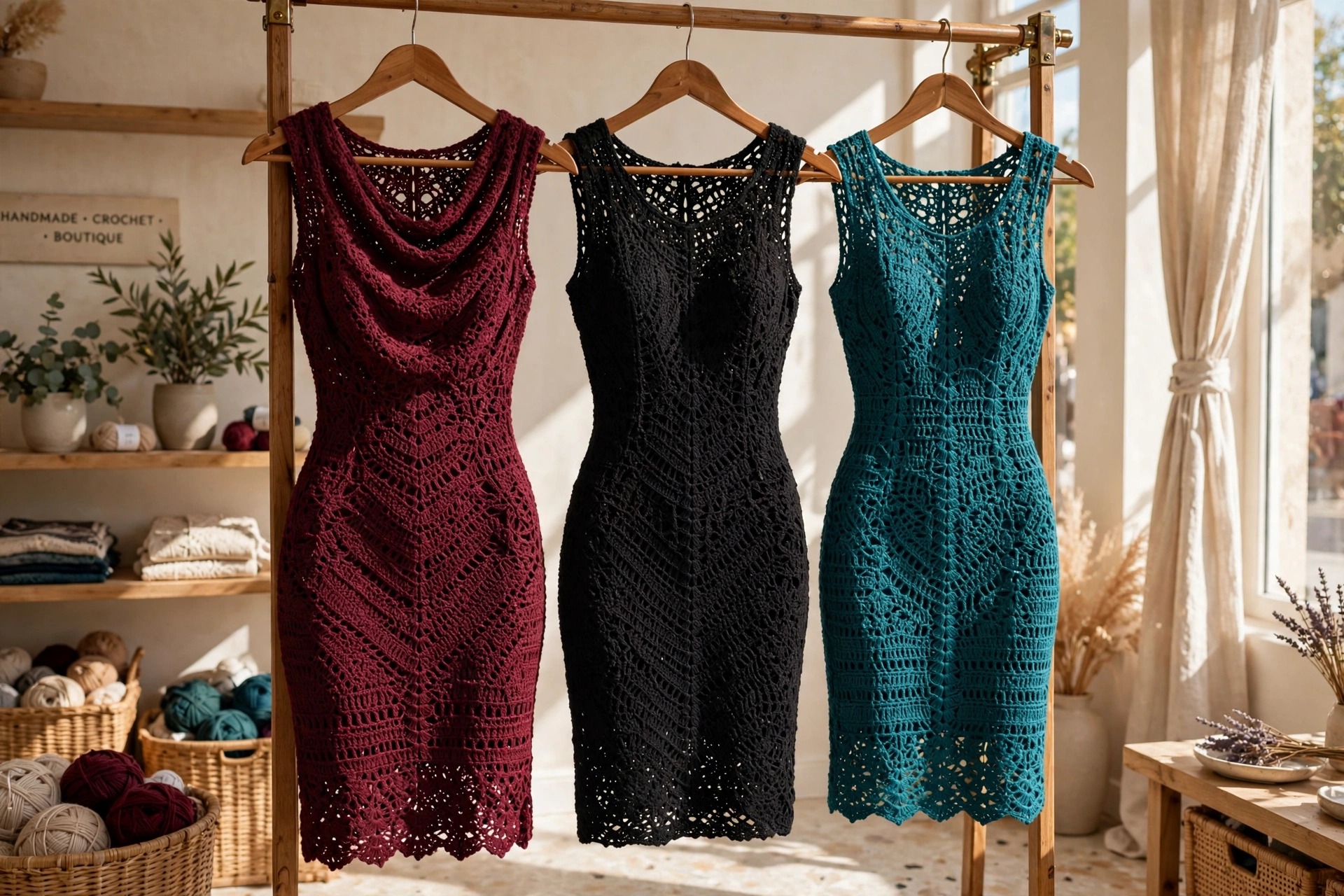 Three crochet bodycon dresses in burgundy, black and teal hanging in a bright sunlit boutique