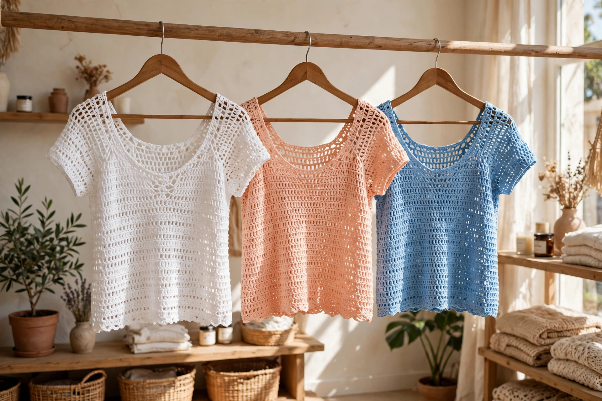 Three simple crochet summer tops in white, soft peach and sky blue hanging on a rail in a bright sunlit boutique