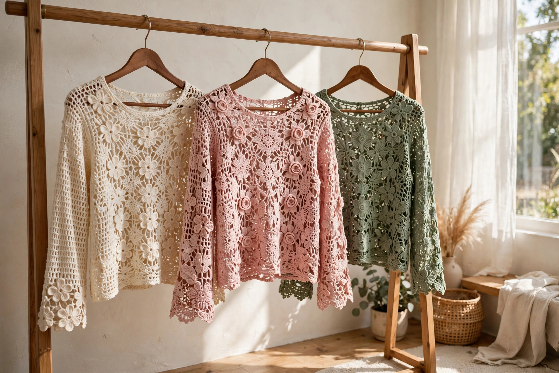 Three flowery long sleeves crochet tops in cream, blush pink and sage green hanging on a rail in a bright sunlit room