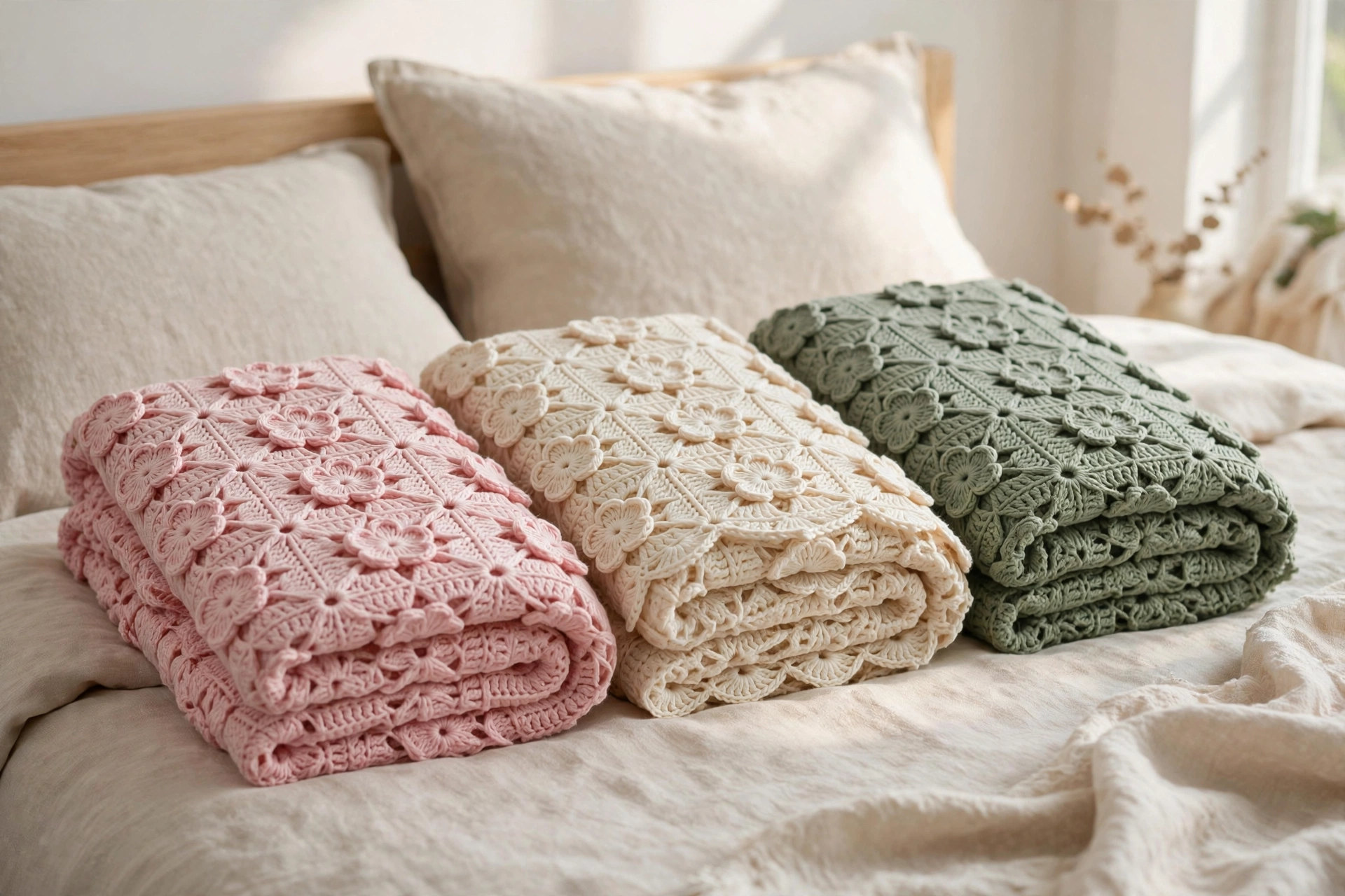 Three beautiful crochet flower blankets in pastel pink, cream and sage green folded neatly on a bright bed with soft daylight