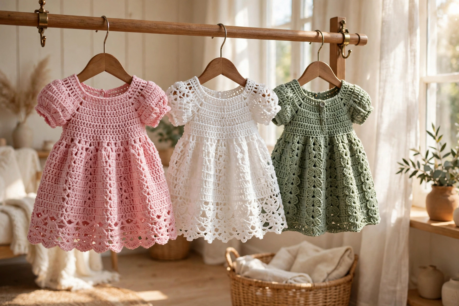 Three crochet baby doll dresses in pink, white and sage green hanging on a rail in a bright sunlit room