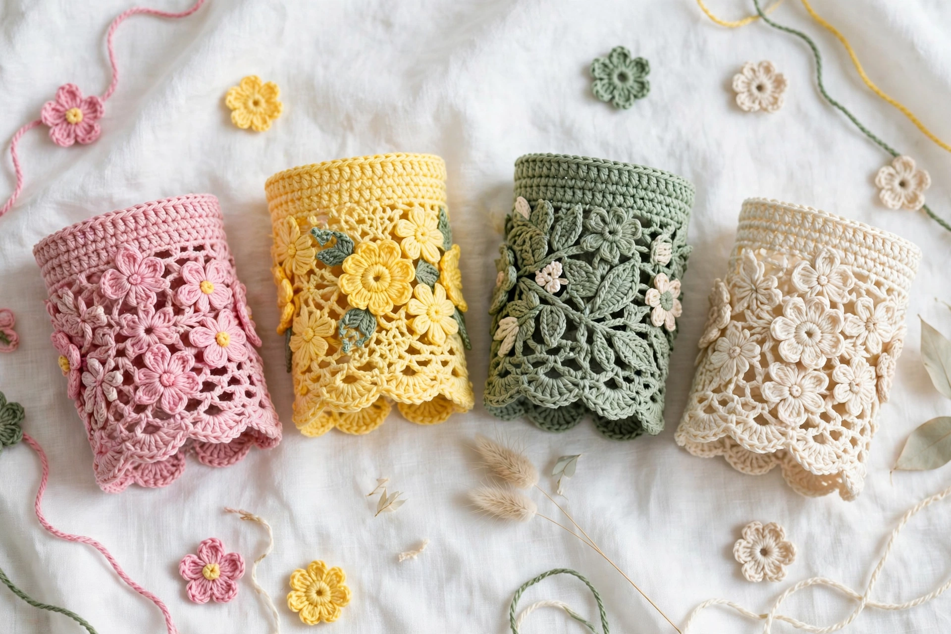 Collection of crochet floral wrist cuffs in pink, yellow, sage green and cream laid out on a bright white cloth