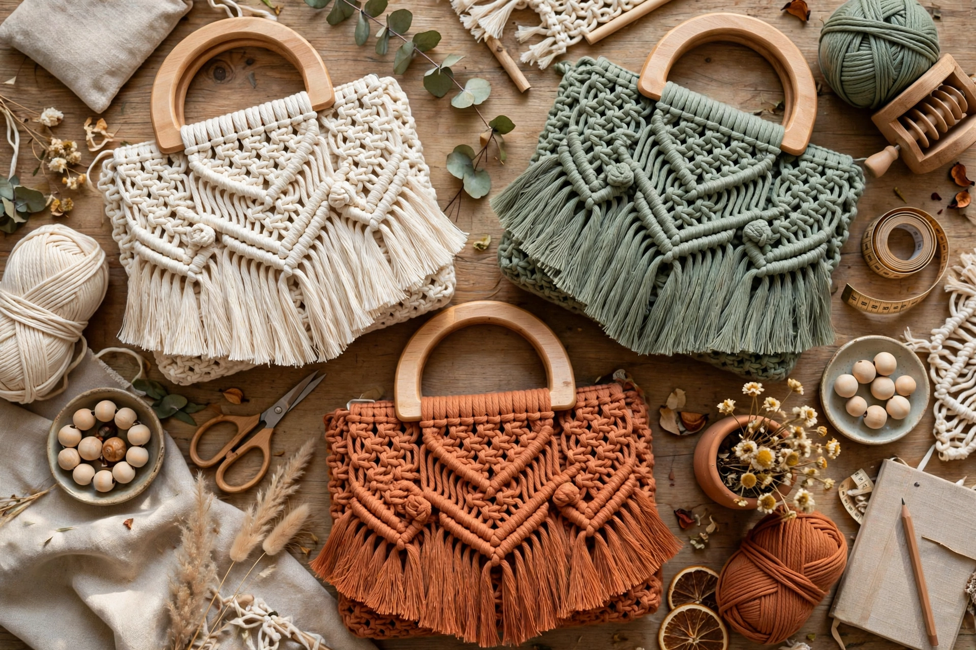 Collection of chic macrame handbags in cream, sage and terracotta with wooden handles on a craft table