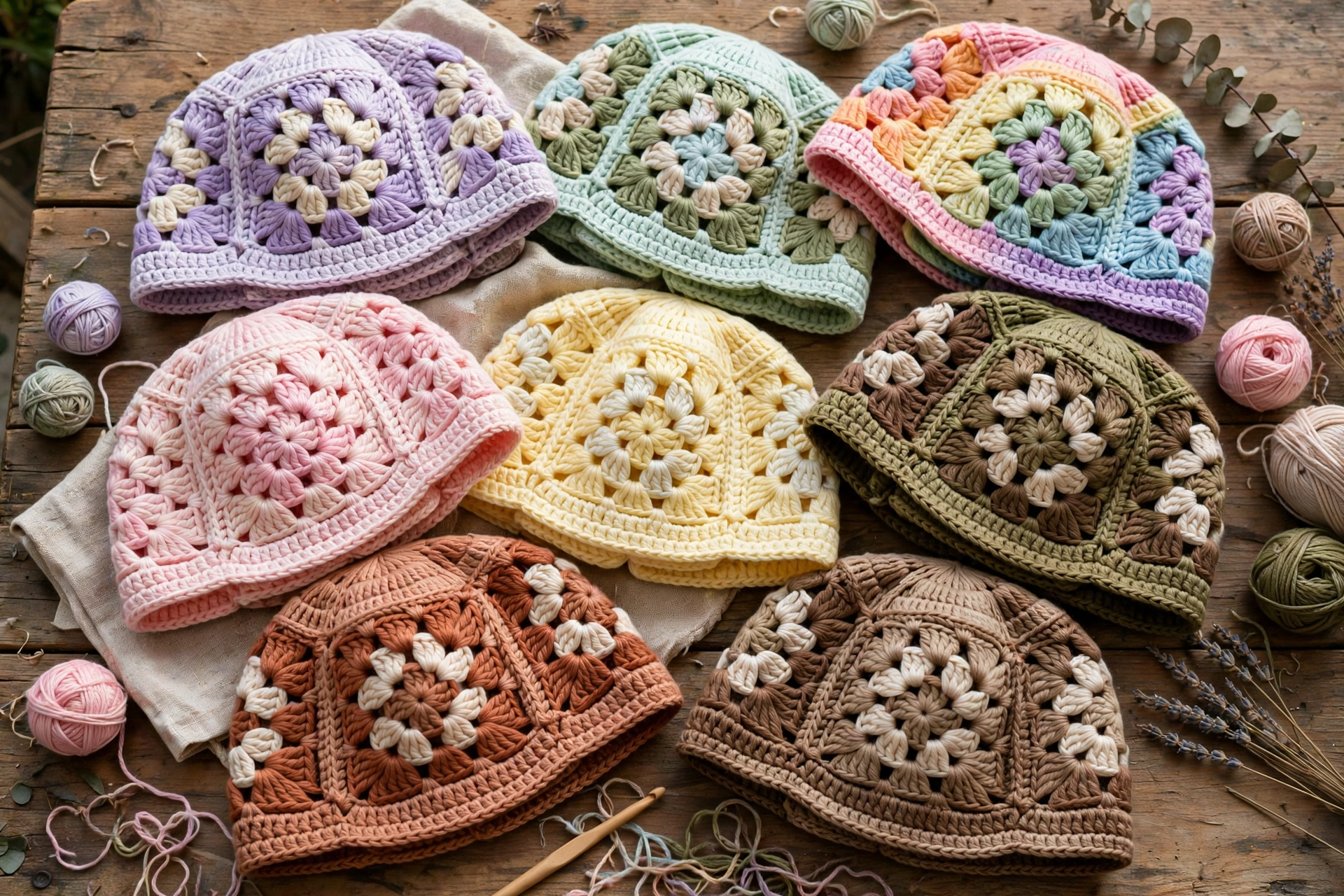 Collection of crochet African flower hats in pastel, rainbow and earth tones folded on a wooden table