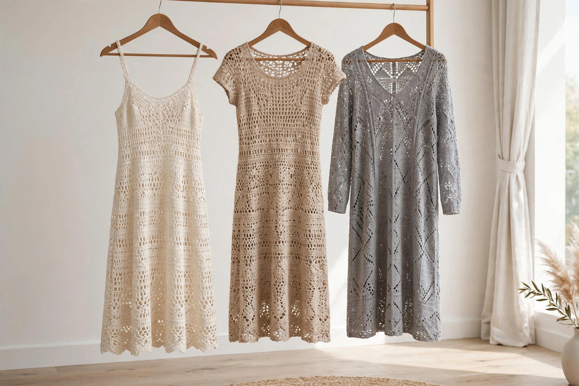 Three minimalist crochet dresses in ivory, beige and soft grey hanging in bright minimal interior light