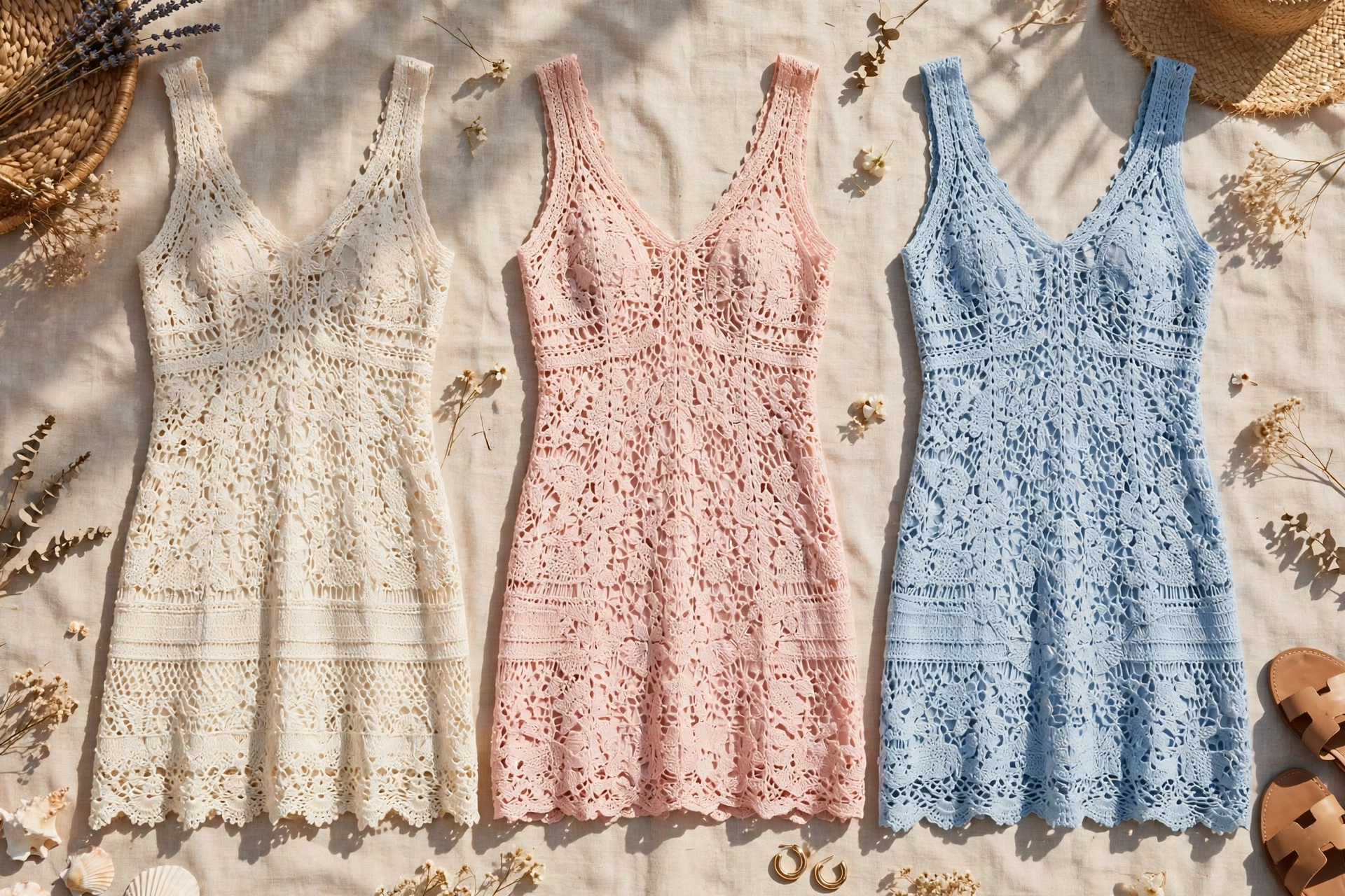 Three beautiful crochet sleeveless dresses in cream, blush and light blue hanging in bright summer light