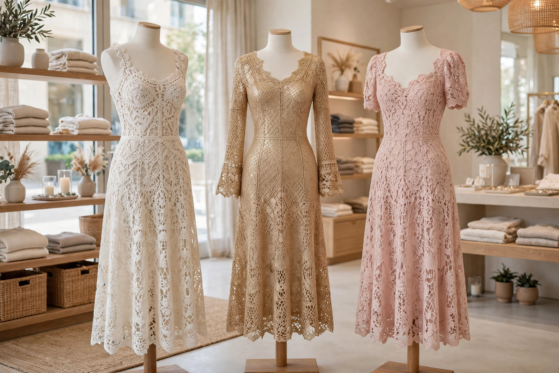 Three elegant crochet luxury dresses in ivory, champagne gold and blush on mannequins in a bright boutique
