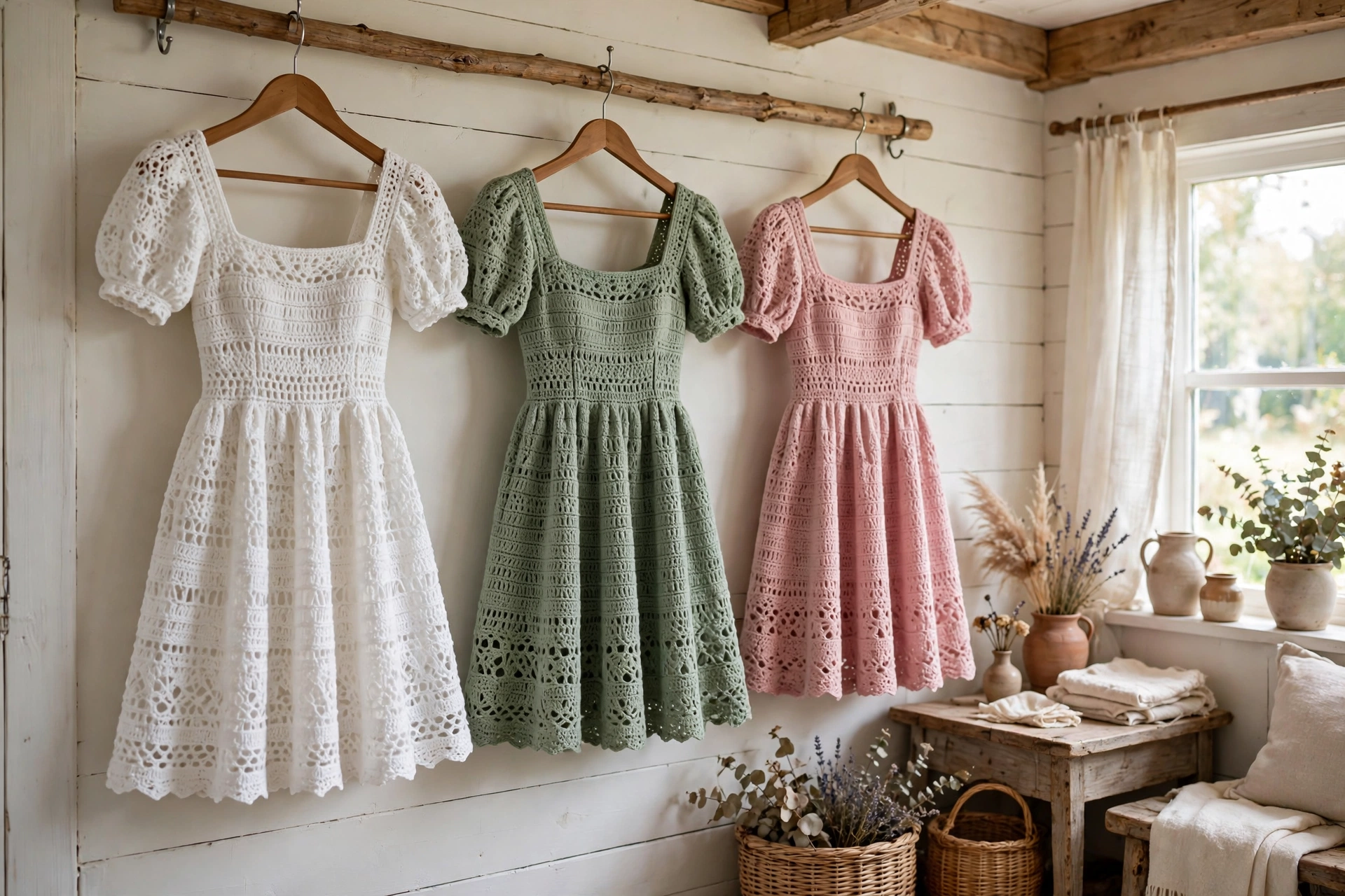 Three crochet milkmaid dresses in white, sage green and dusty pink hanging in a bright cottage room