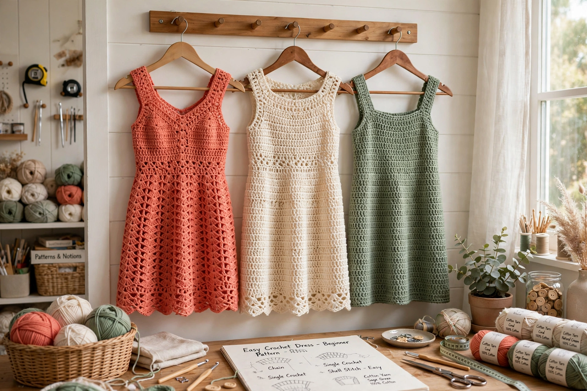 Three easy crochet dresses for beginners in coral, cream and sage green hanging in a bright craft room