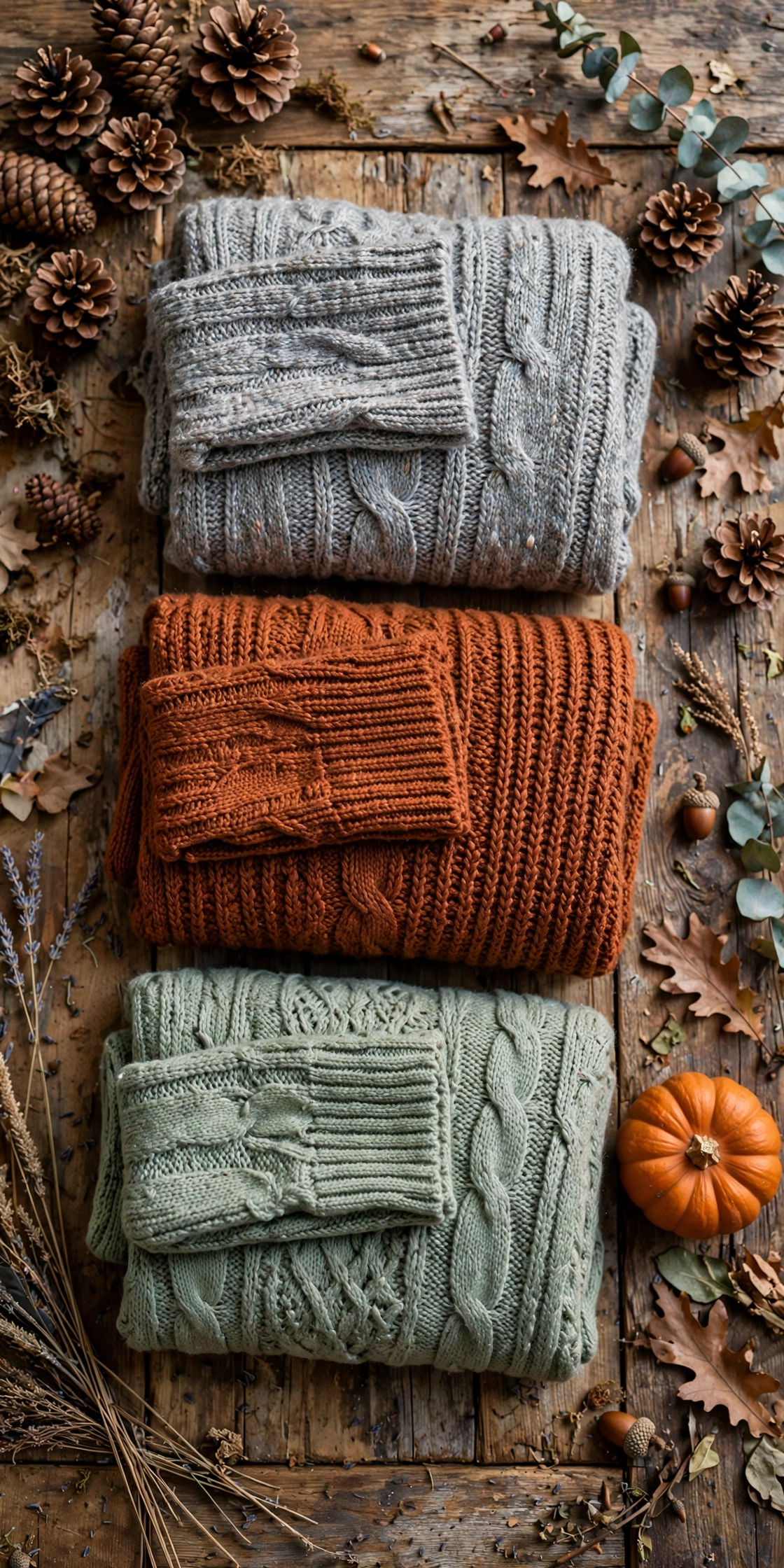 Three folded knitted sweaters in grey, rust and sage green on a rustic table