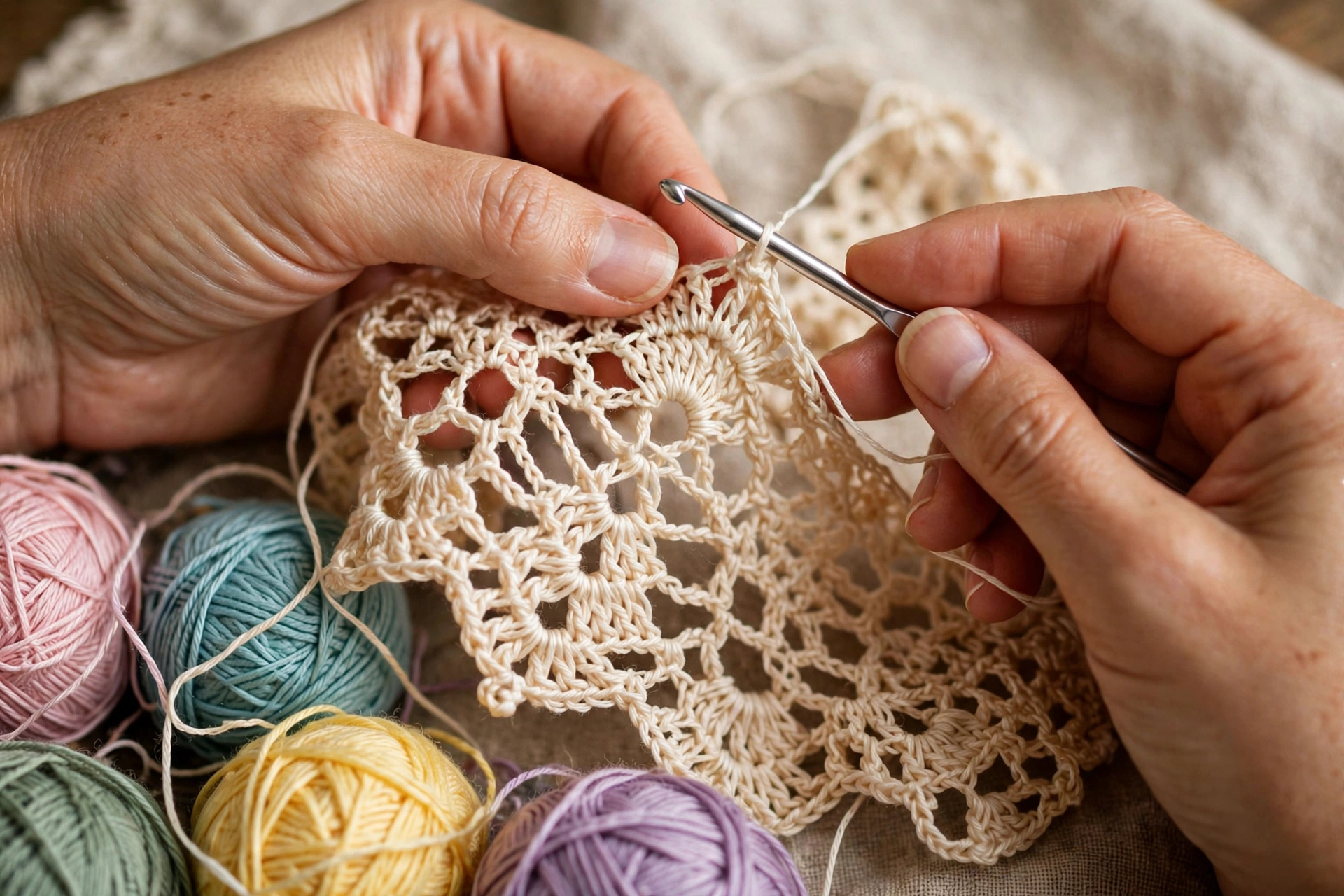 Hands crocheting a lacy Claudia top with fine cotton yarn and steel crochet hook
