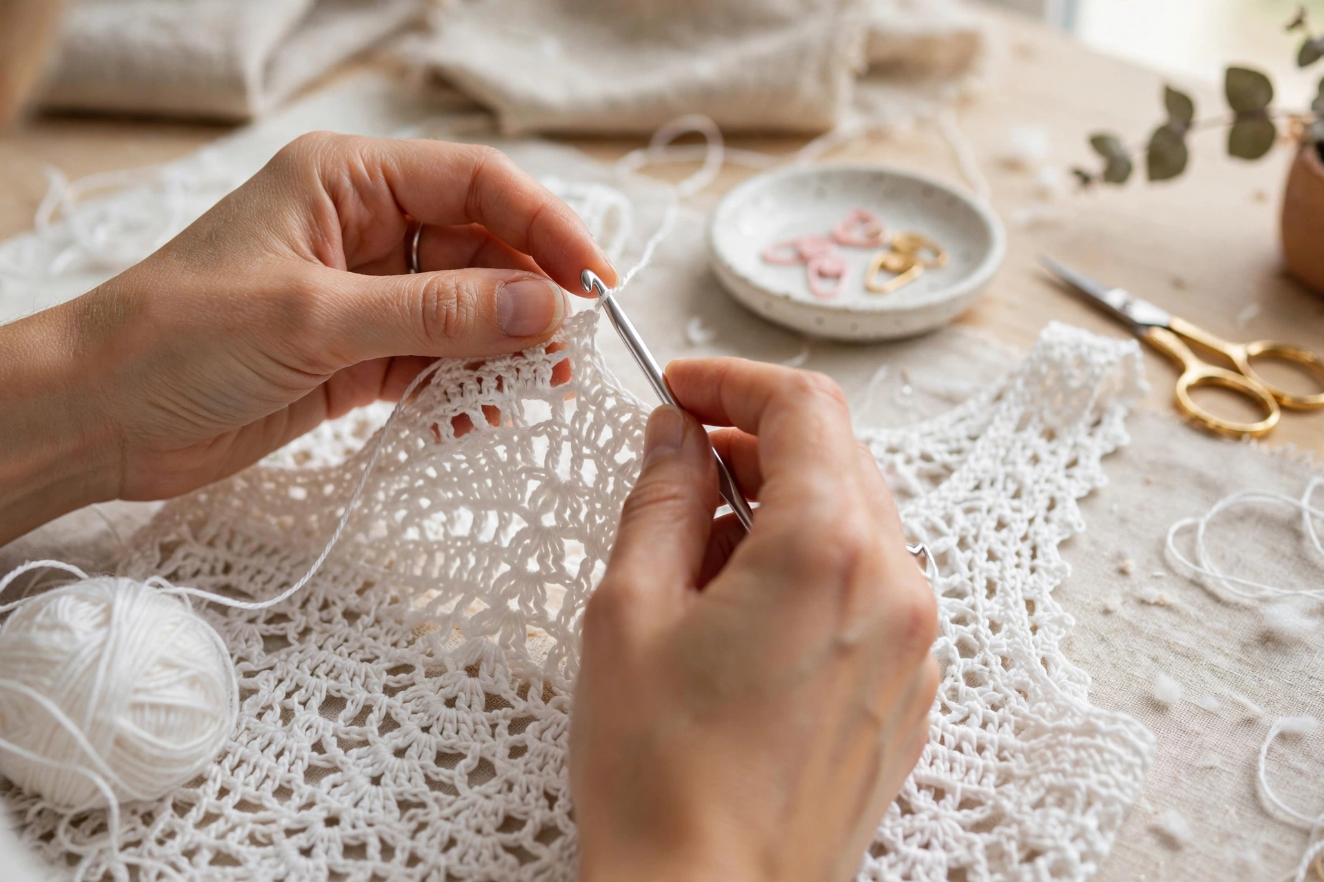Hands crocheting a white lace crochet tank top with fine cotton yarn and a crochet hook on a bright craft table