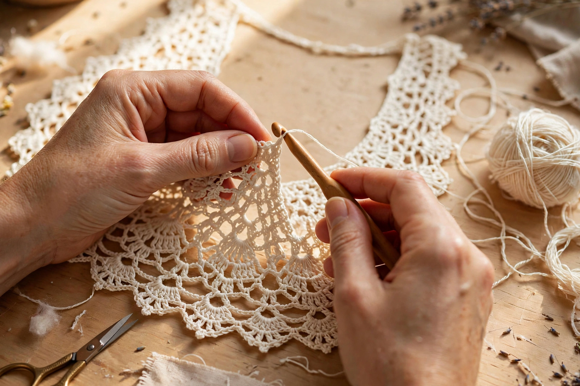 Hands crocheting an ivory lace open-back dress panel with cotton yarn and a crochet hook on a light wooden craft table