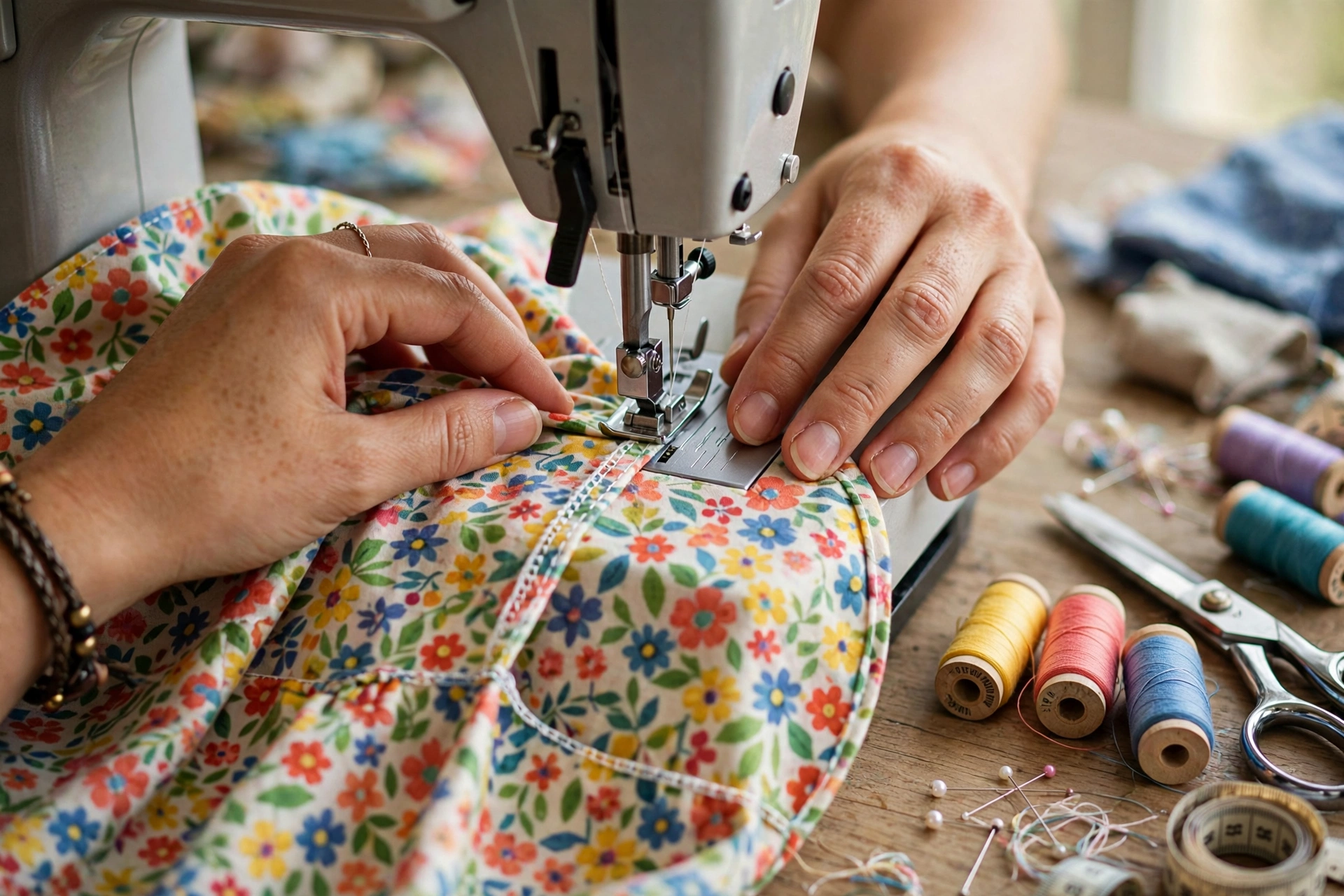 Hands guiding colourful cotton fabric under the needle of a home sewing machine while stitching a handmade summer dress