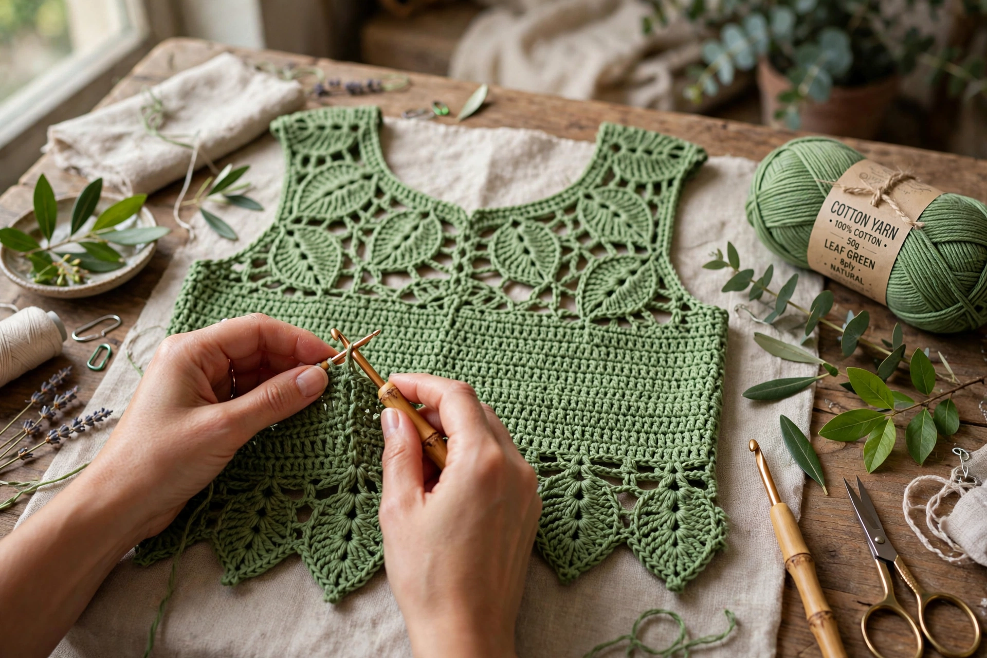 Hands crocheting a green leaf lace top panel with cotton yarn, leaf motifs and a crochet hook beside fresh leaves on a craft table