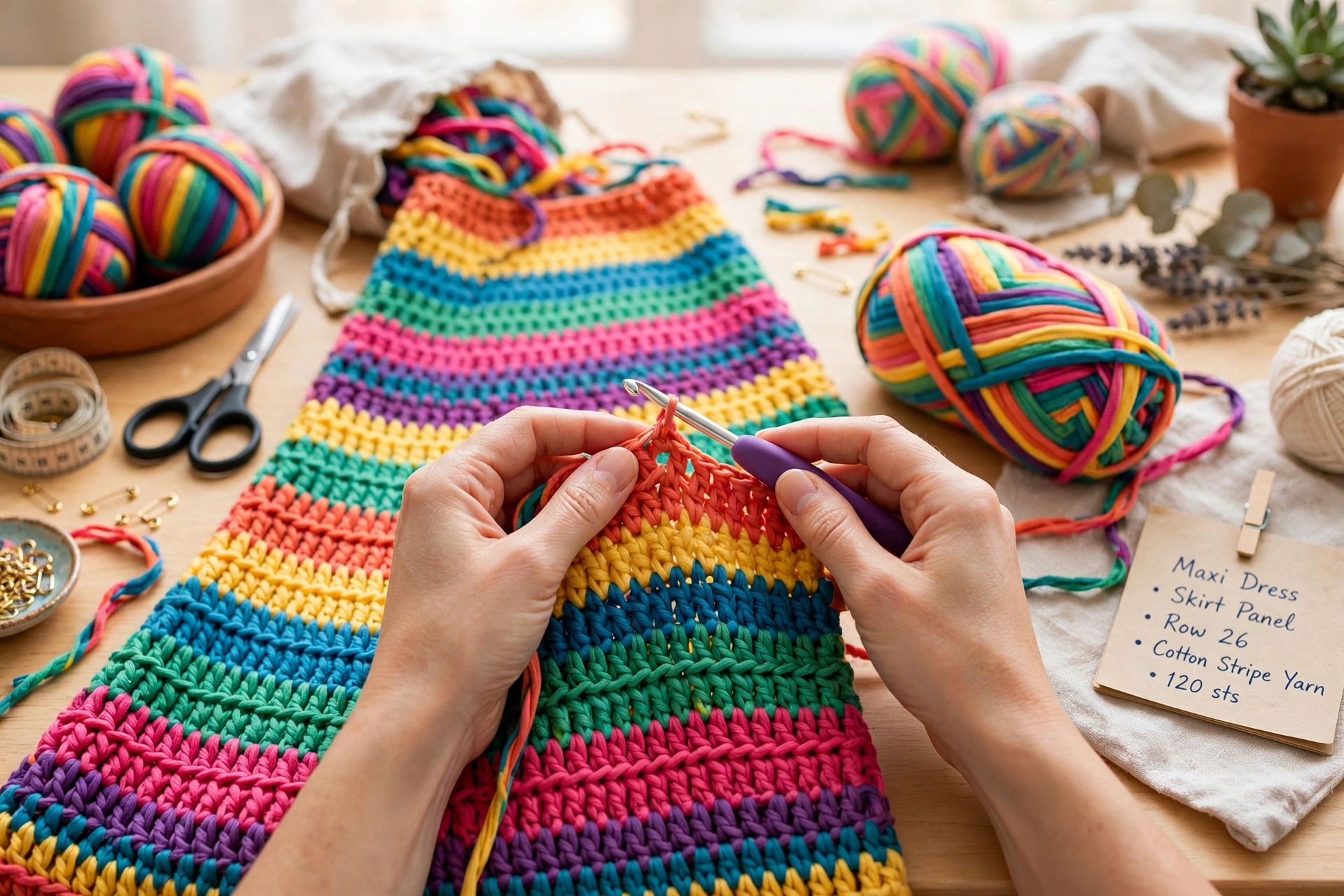 Hands crocheting a colorful maxi dress skirt panel with bright striped cotton yarn and a crochet hook on a bright craft table