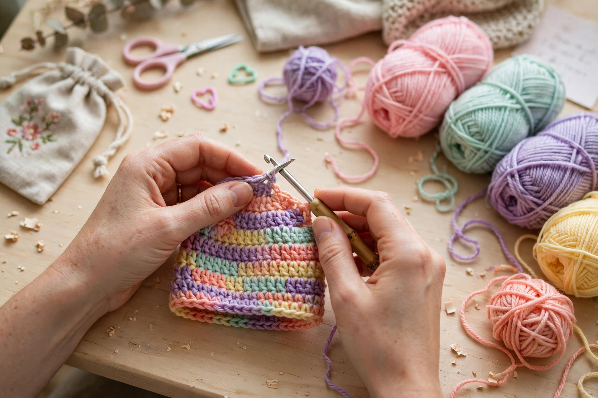 Hands crocheting a small kids hat with soft colourful yarn and a crochet hook on a light wooden craft table
