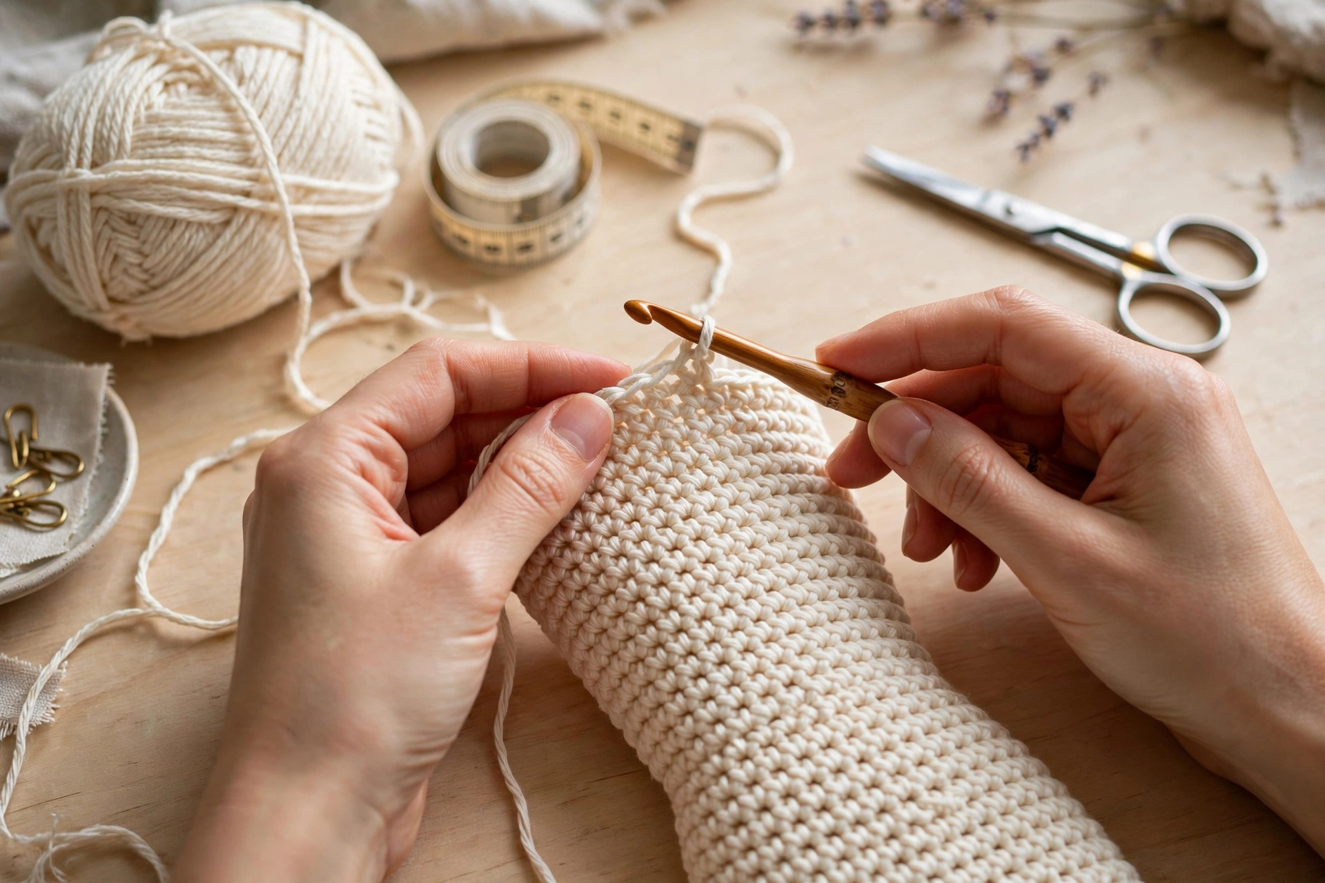 Hands crocheting a strapless tube dress bodice with cream cotton yarn and a crochet hook on a light wooden craft table