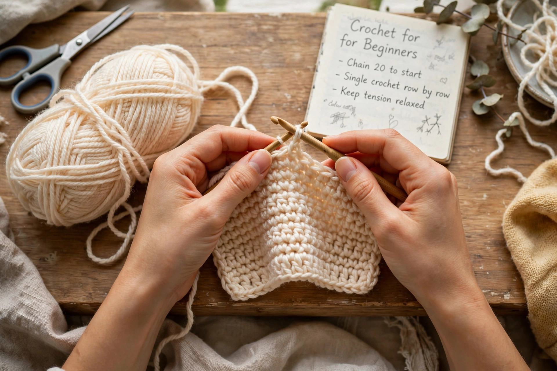 Beginner hands crocheting a simple scarf with soft yarn and a crochet hook on a craft table