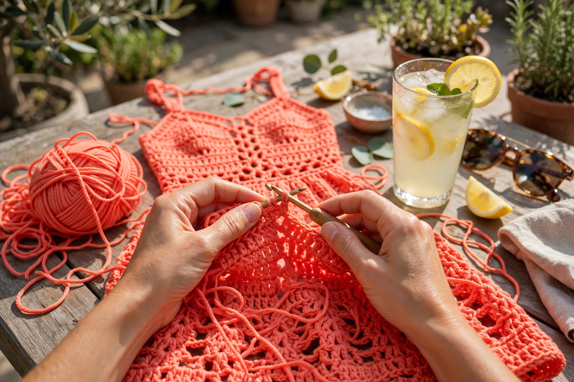 Hands crocheting a coral summer dress with bright cotton yarn outdoors on a sunny patio table