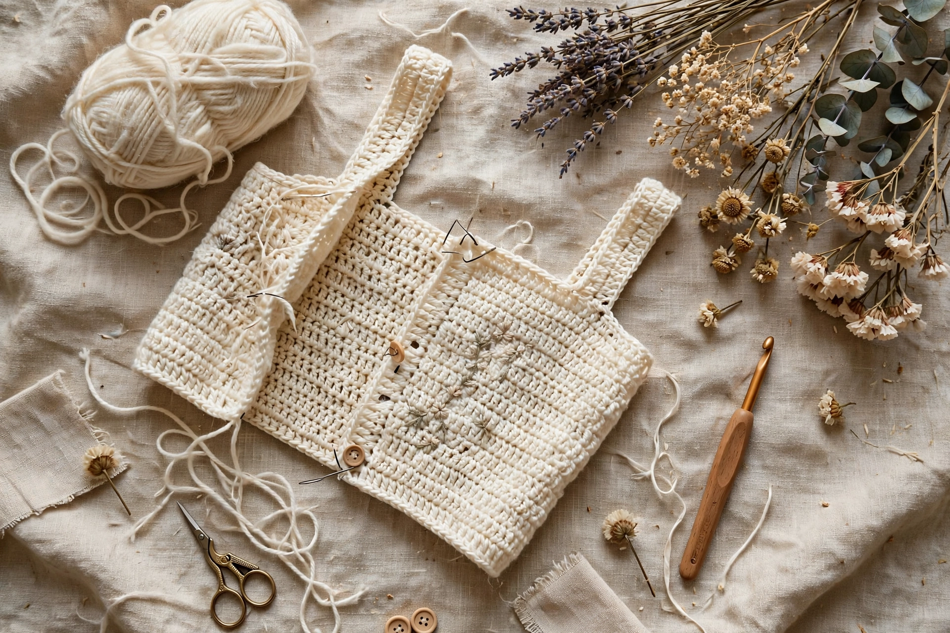 Flat lay of cream yarn, dried flowers, a crochet hook and a half-finished cottagecore dress bodice on linen fabric
