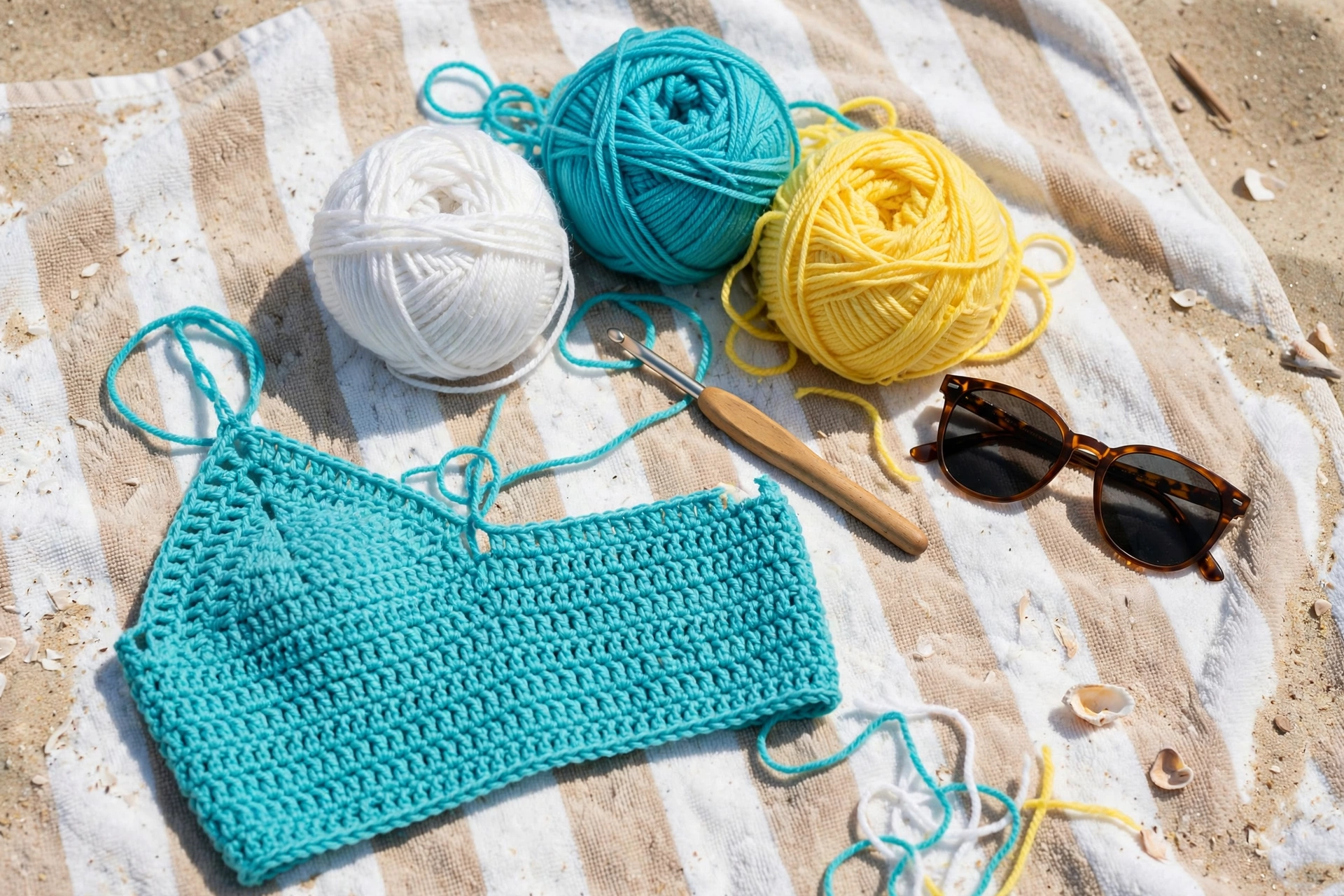 Bright summer yarn balls in white, turquoise and yellow with a crochet hook and sunglasses on a beach towel beside a half-finished crochet top