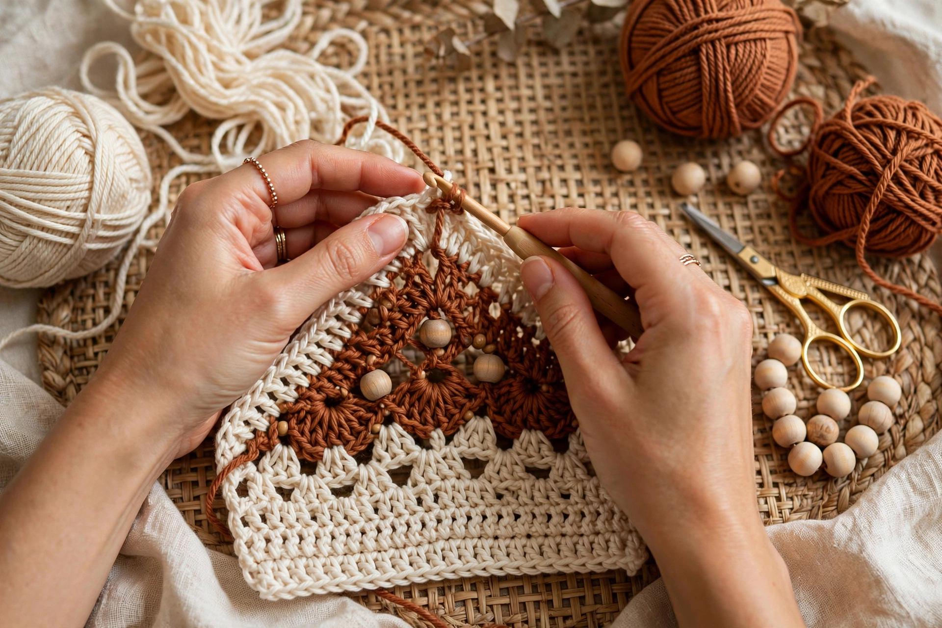 Hands crocheting a boho crochet top panel with cream and rust yarn and wooden beads on a woven craft mat