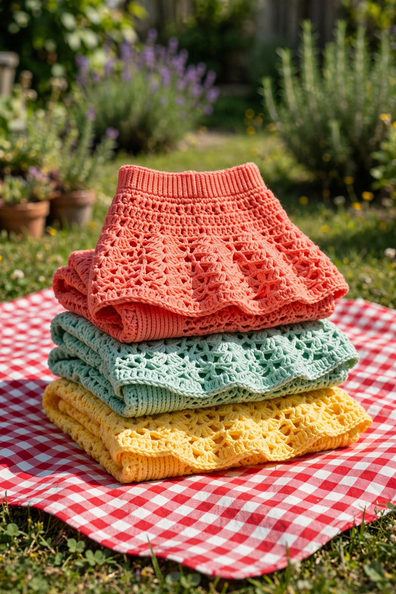 Stack of colorful crochet mini skirts in coral, mint and yellow on a picnic blanket