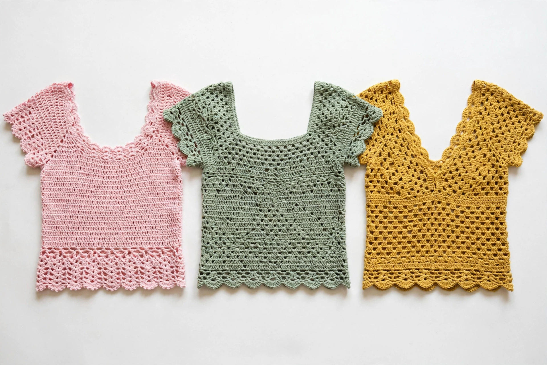 Three crochet Claudia tops in pastel pink, sage and mustard laid flat showing different necklines