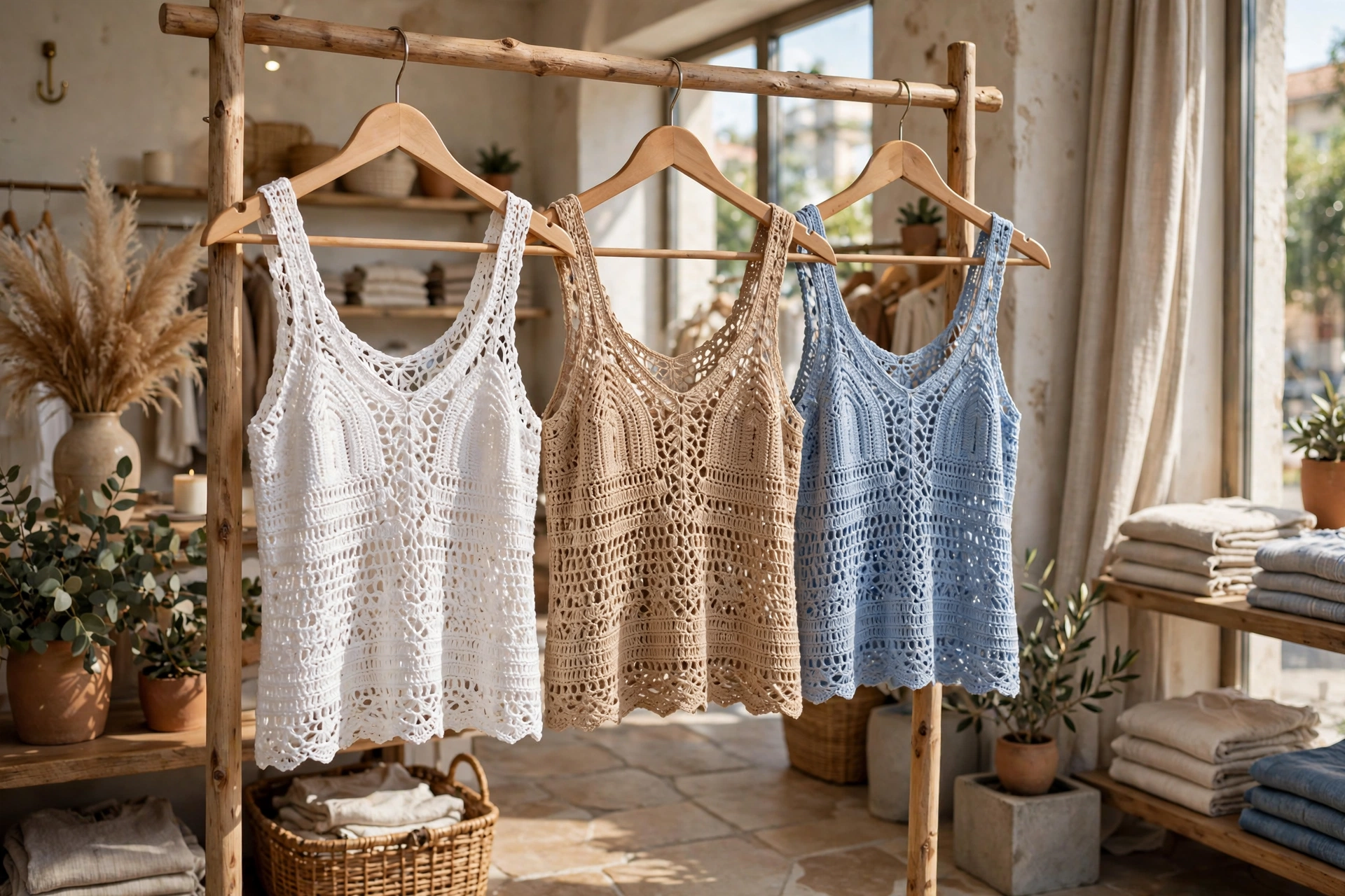 Three beautiful summer crochet tank tops in white, sand and soft blue hanging in a chic sunlit boutique